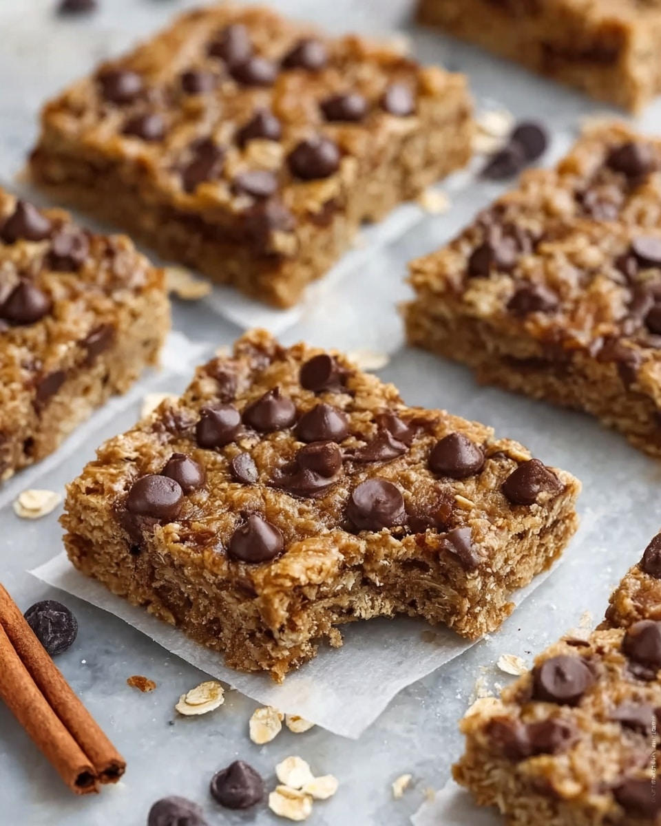 The image shows several thick, square oatmeal bars with chocolate chips scattered throughout. Each bar has a dense, crumbly texture with visible oats and melty chocolate chips evenly spread on top and inside. The bars rest on small pieces of parchment paper placed on a white marbled surface. Some loose chocolate chips and oats are scattered around the bars, adding to the casual look. A cinnamon stick lies near the bars, adding a warm color contrast to the neutral browns and beiges. The focus is sharp on the front bar which has a bite taken out, showing the soft inside texture. photo taken with an iphone --ar 4:5 --v 7