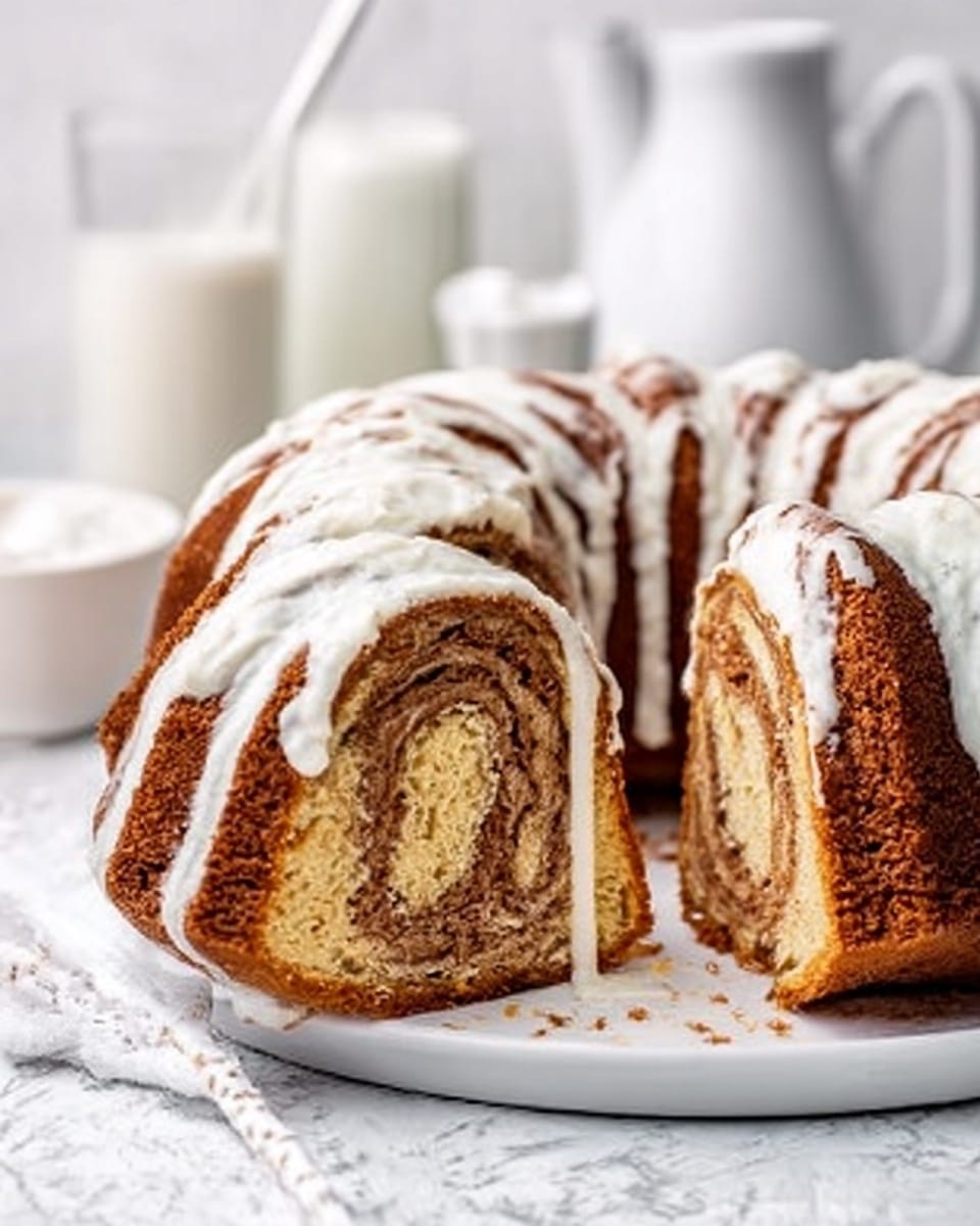 The image shows two thick slices of cinnamon swirl bread placed on a white plate with a white marbled surface background. The bread has a golden brown crust and soft beige interior with visible cinnamon swirls. On top of the front slice, a thick white glaze is being poured from a spoon held by a woman's hand, dripping smoothly down the sides of the bread. In the background, the second slice of bread is also partly covered in the white glaze. The scene is bright and clean with a cozy feel. photo taken with an iphone --ar 4:5 --v 7
