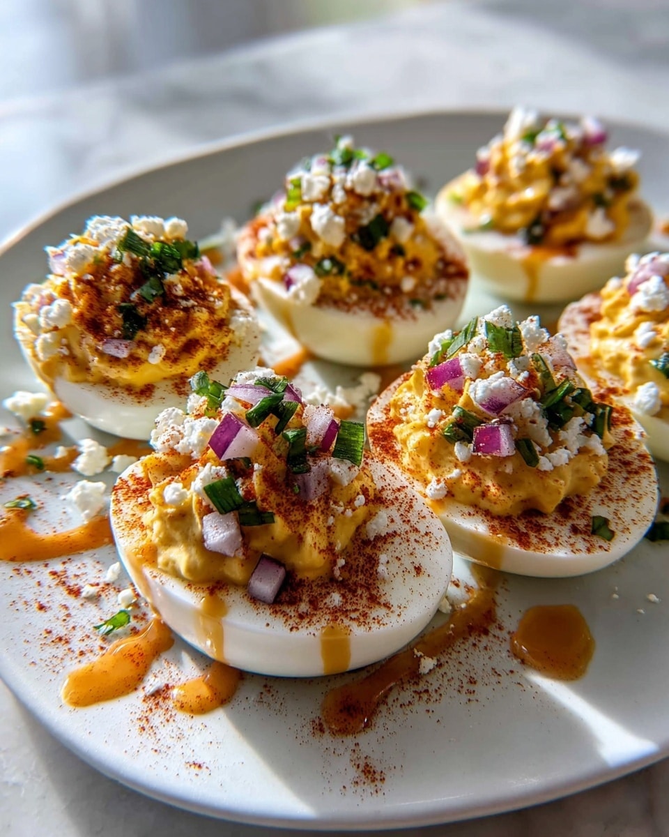 The image shows three deviled eggs arranged on a white plate set on a white marbled surface. Each egg is cut in half and filled with a creamy, light yellow mixture. The filling is topped with small chunks of purple onion and sprinkled with green herbs, likely parsley, and a dusting of reddish paprika. Some roasted corn kernels are scattered on top and around the eggs on the plate. In the background, there is a blurred lime wedge on the white plate, adding a fresh green element. The lighting is bright and natural, highlighting the textures and colors of the dish. Photo taken with an iphone --ar 4:5 --v 7
