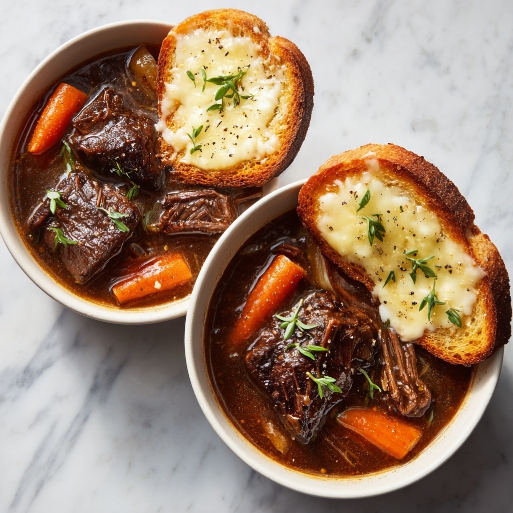 A white bowl filled with rich beef stew containing two pieces of dark brown, tender-looking beef, and orange carrot slices peeking through the thick brown broth. On top, two toast slices with golden-brown edges are spread with melted creamy white cheese that looks soft and slightly browned, garnished with small green herb sprigs. The stew has a glossy surface with visible black pepper and herbs sprinkled around. The bowl is placed on a white marbled surface. photo taken with an iphone --ar 4:5 --v 7