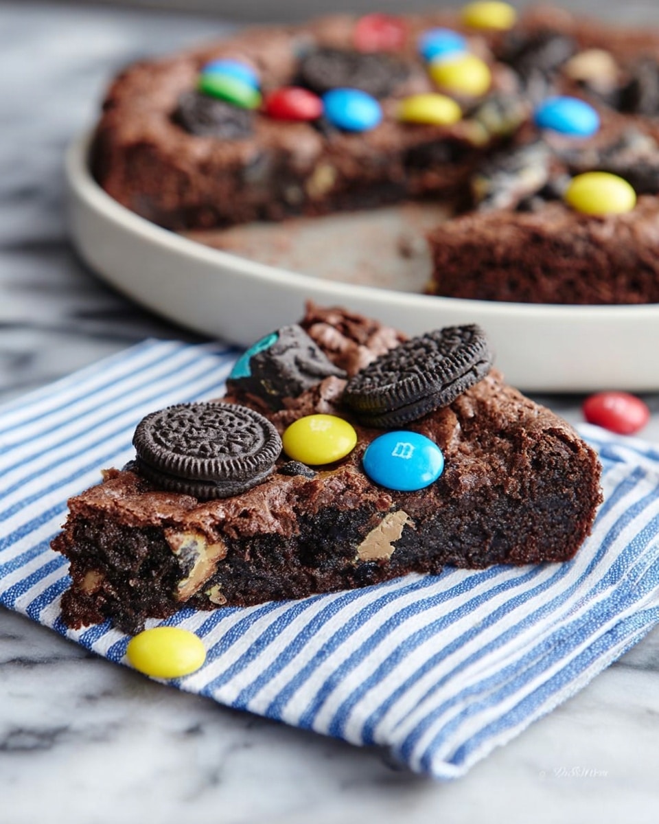 A large round brownie layer with a cracked, shiny dark brown surface sits in a white metal pan on a white marbled texture surface. On top, broken pieces of black and white sandwich cookies are scattered evenly, along with colorful candy-coated chocolates in blue, green, yellow, and orange. One slice of the brownie is lifted on a silver spatula, showing a thick, dense, and fudgy texture inside with the same toppings on top. photo taken with an iphone --ar 4:5 --v 7