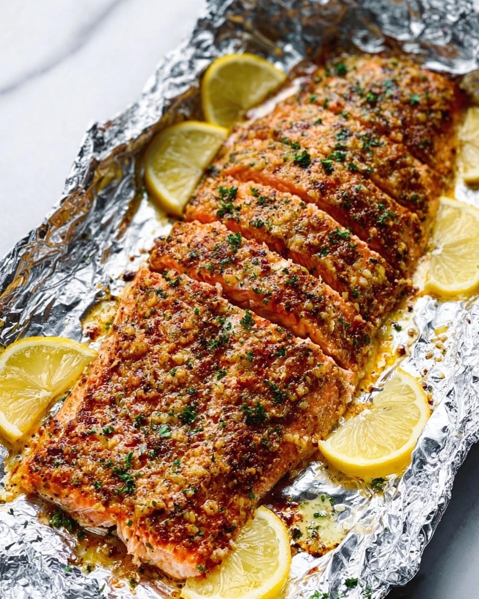The image shows a cooked salmon fillet with a golden-brown, crispy crust on top, placed on a sheet of crinkled aluminum foil. The salmon is evenly coated with spices and finely chopped herbs, giving it a textured surface with specks of green. The fillet is sliced into multiple pieces across its length, exposing the tender, flaky pink interior. Around the edges, there are several bright yellow lemon wedges adding color contrast. The foil sits on a white marbled surface, reflecting light softly. Photo taken with an iphone --ar 4:5 --v 7