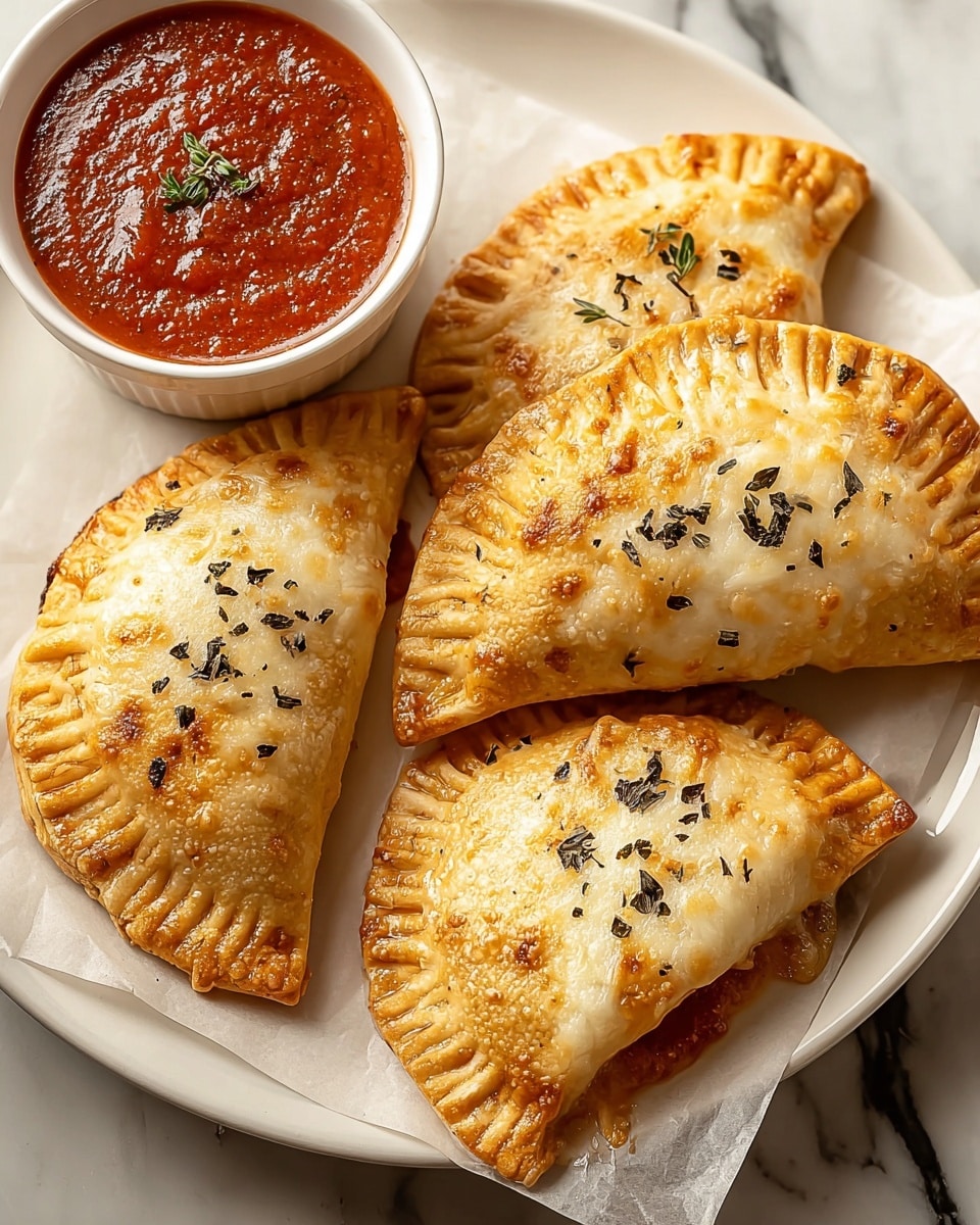 Four golden-brown calzones with a shiny, slightly bubbly cheese layer on top are placed on a white plate lined with parchment paper. Each calzone is folded in a half-moon shape with crimped edges, and small dark green herb flakes are sprinkled over them. One calzone is cut open, showing a glimpse of melted red tomato sauce inside. To the side, there is a white bowl filled with thick red tomato sauce, topped with a few herbs, all set on a white marbled surface. photo taken with an iphone --ar 4:5 --v 7
