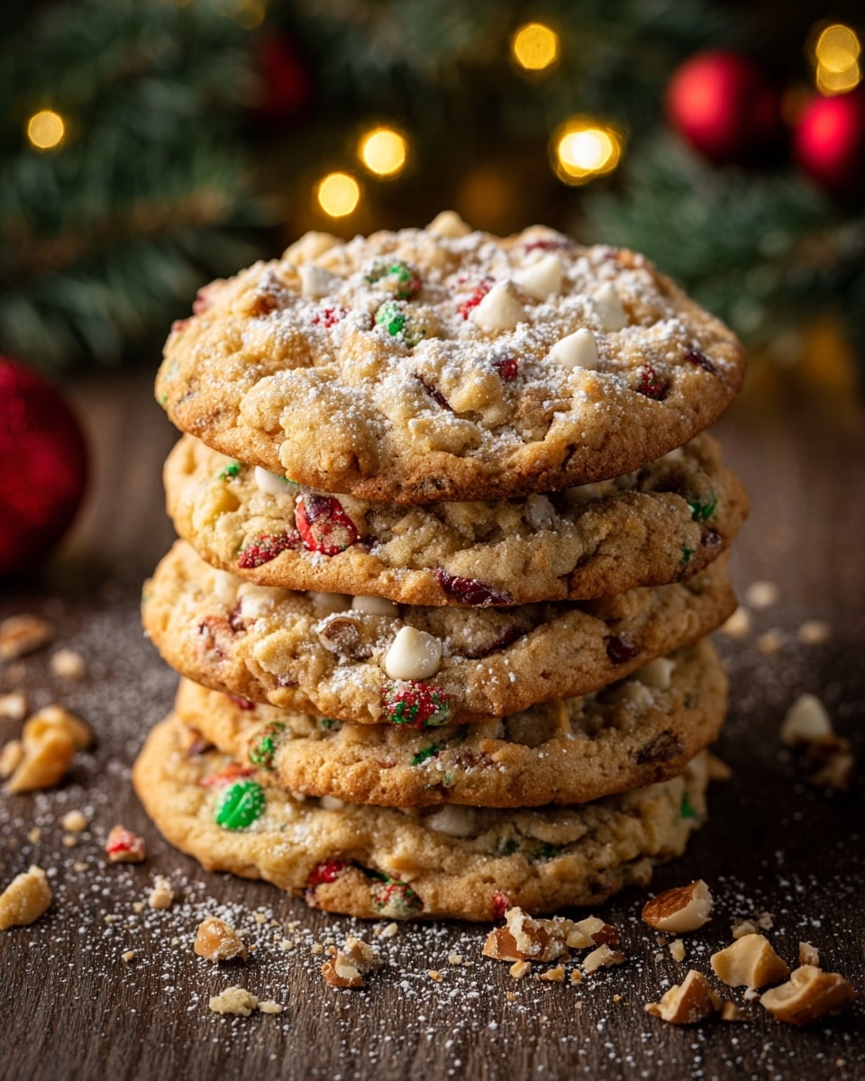 A stack of five large cookies is shown, each cookie thick and round with a golden-brown color. Each cookie has a rough texture with visible pieces of red and green candy, white chocolate chips, and chopped nuts embedded throughout the dough. The top cookie is dusted lightly with white powdered sugar. The cookies sit on a dark wood surface, with some cookie crumbs and nut pieces scattered around. In the background, out of focus, are small Christmas lights and evergreen branches with red ornaments. photo taken with an iphone --ar 4:5 --v 7