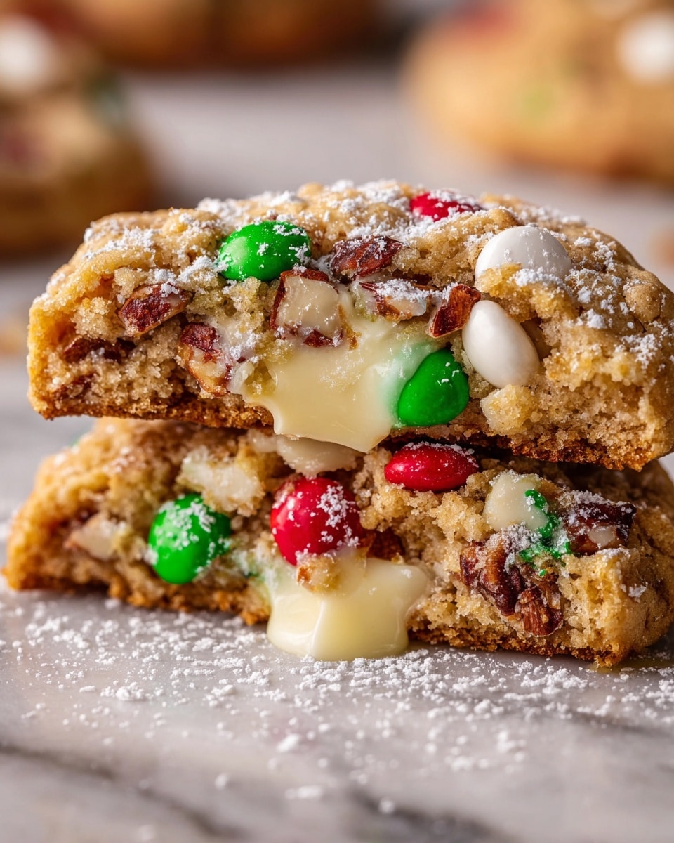 The image shows two soft cookies stacked on top of each other on a white marbled surface, each cookie broken in half to reveal a gooey, melting white chocolate center dripping down the middle. The cookie dough is golden brown and studded with colorful red and green candy-coated chocolates, white chocolate chips, and small pieces of pecans scattered throughout. A light dusting of powdered sugar is sprinkled on top of the cookies, highlighting their crumbly texture and nuts. Photo taken with an iphone --ar 4:5 --v 7