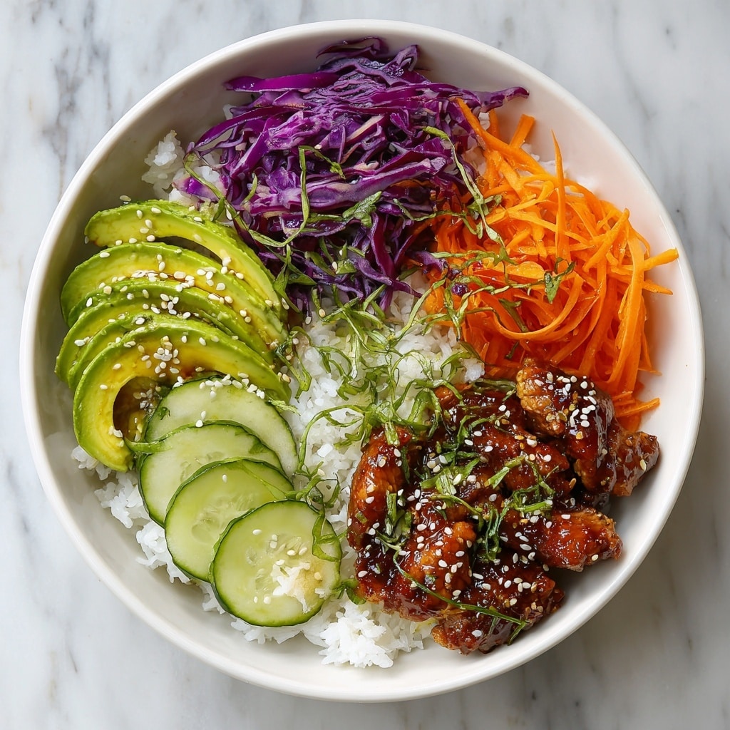 A white bowl filled with several layers of fresh ingredients, starting at the base with white rice, topped with golden-brown grilled chicken pieces coated in a light sauce and sprinkled with sesame seeds and chopped herbs. Around the chicken are thinly sliced fresh cucumber with green skin and pale interiors, a few bright orange carrot sticks, slices of smooth green avocado arranged neatly, and a pile of shredded purple cabbage. All the ingredients are lightly drizzled with a creamy sauce, some black sesame seeds are sprinkled over the top, and the bowl sits on a white marbled surface. photo taken with an iphone --ar 4:5 --v 7