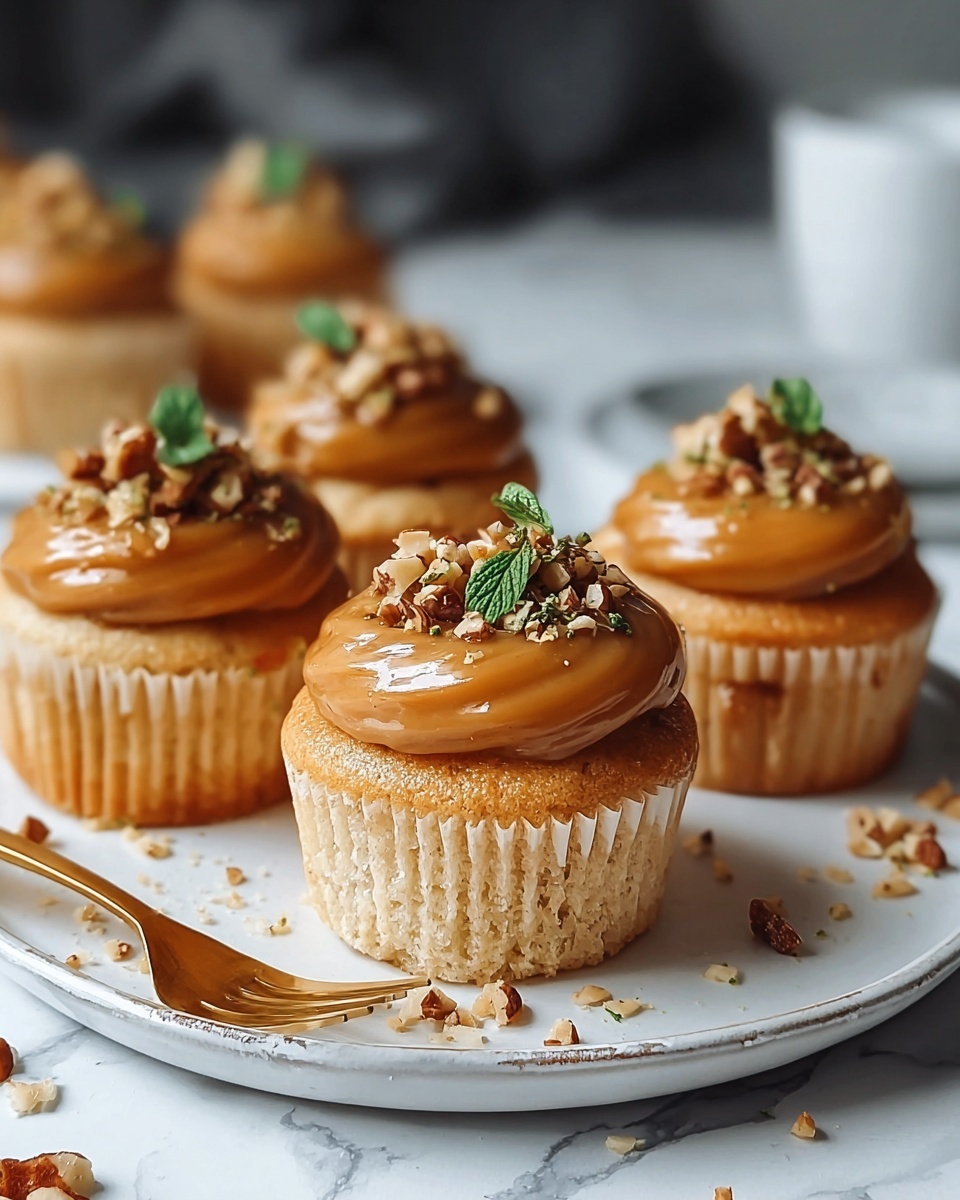 The image shows seven cupcakes placed closely together on a white plate with a slightly raised edge, set on a white marbled surface. Each cupcake has a light golden cake base with a smooth, shiny caramel layer on top that slightly drapes down the sides. On top of the caramel, there is a small mound of crushed nuts in a mix of light brown and beige tones, adding a crunchy texture. Some crumbs and bits of nuts are scattered around the plate, giving a natural and homemade feel. The overall lighting is warm and highlights the glossiness of the caramel and the texture of the nuts. photo taken with an iphone --ar 4:5 --v 7