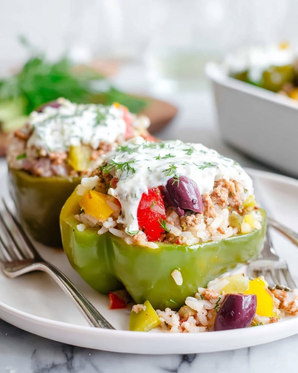 The image shows a white plate with two green bell pepper halves stuffed with colorful filling. The first layer is the green bell pepper base, hollowed out and shiny. Inside, there is a mix of white rice, small chunks of cooked ground meat, and diced yellow and red vegetables layered with purple olives and small red tomato pieces. On top, there is a dollop of white creamy sauce with small green herb flecks spread unevenly. Some of the stuffing is spilling out onto the plate. Two silver forks rest next to the peppers. The background is a white marbled texture with hints of green herbs placed nearby. Photo taken with an iphone --ar 4:5 --v 7