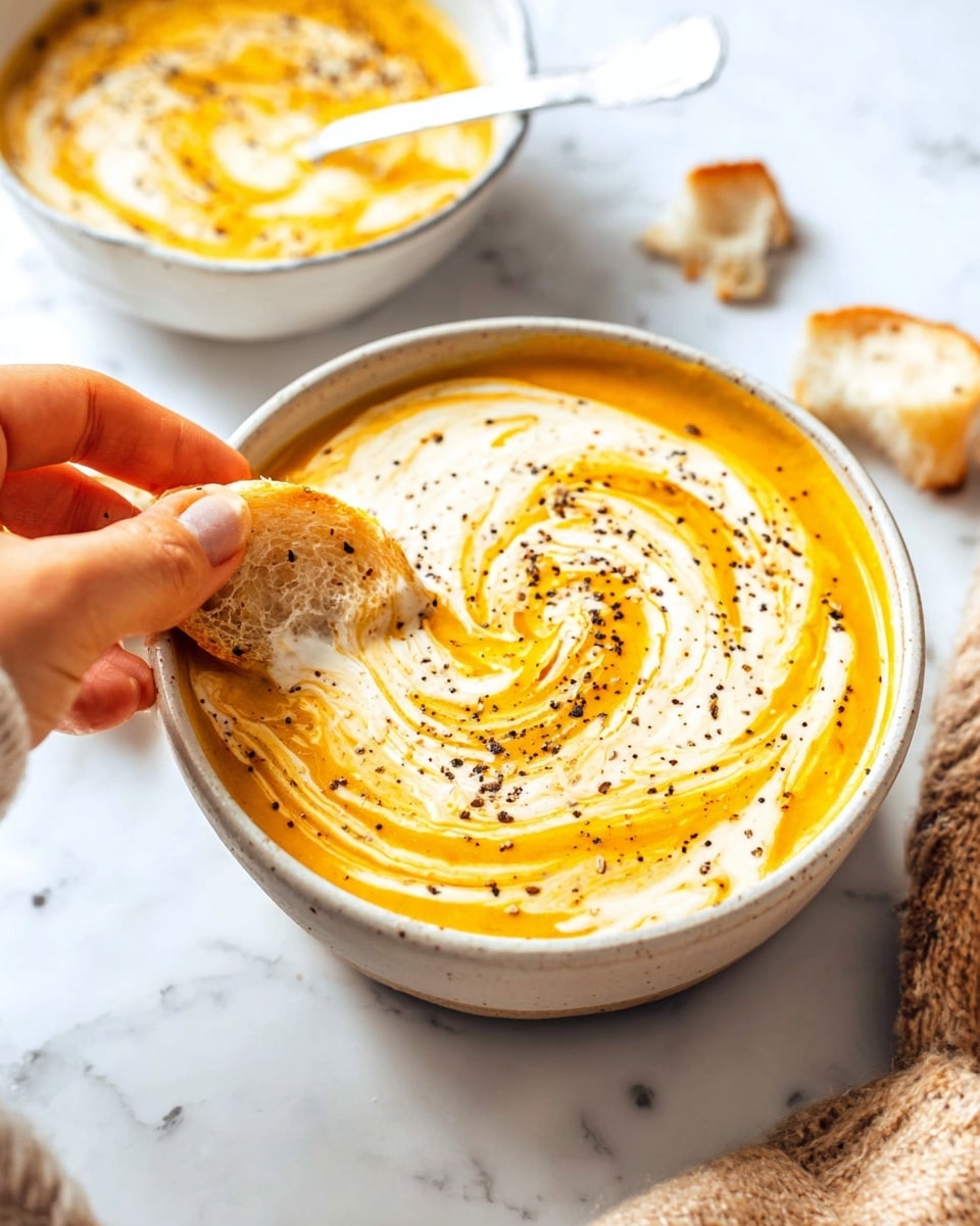 A rustic white bowl filled with smooth orange soup, topped with creamy white swirls gently mixed in and sprinkled with coarse black pepper; the soup fills the bowl almost to the top, showing a thick texture. Around the bowl on a white marbled surface are small crumbs of crusty bread pieces, and a mustard yellow cloth sits in the corner. Another similar bowl with the same soup appears partially in the top corner. The light is bright and natural, highlighting the soup’s rich color and smooth surface. Photo taken with an iphone --ar 4:5 --v 7