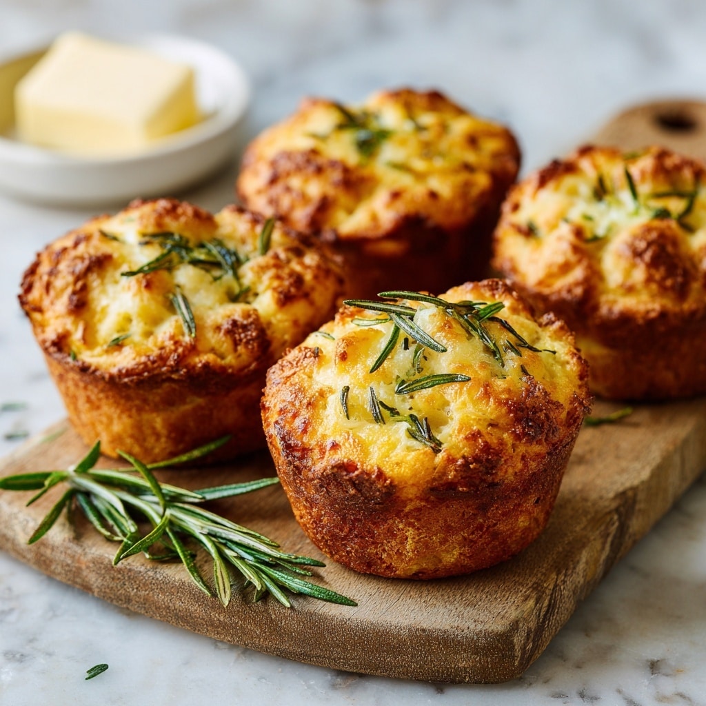 The image shows three golden-brown savory muffins with a crispy top on a white plate. Each muffin has a textured surface with small chunks of cheese and herbs baked inside, and a few rosemary leaves sprinkled on top. The muffins are dense and thick, slightly puffed up with a rough crust. Below the muffins, on the plate, there is a sprig of fresh green rosemary adding contrast to the light colors of the food. In the background, a white bowl filled with more muffins sits on a white marbled surface, softly out of focus. The lighting highlights the warm, homemade look of the dish, making it inviting and fresh. Photo taken with an iphone --ar 4:5 --v 7