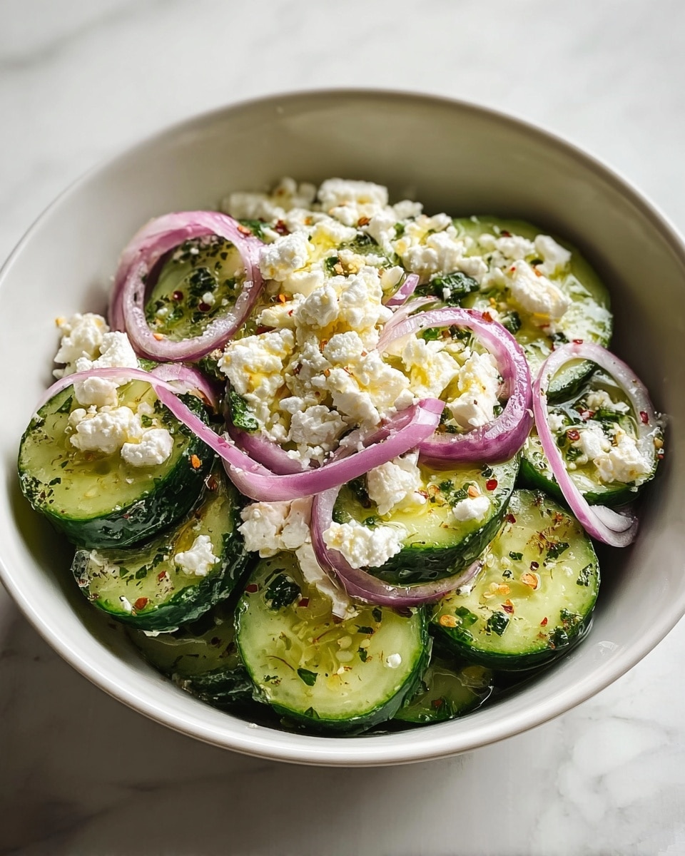 The image shows a bowl of fresh cucumber salad with three main layers. The bottom layer is thick slices of dark green cucumber with visible seeds. The middle layer includes rings of thin, translucent purple onion mixed with chopped green herbs, adding texture and color contrast. The top layer consists of soft white crumbled cheese scattered unevenly over the salad, lightly coated with a drizzle of olive oil and sprinkled black pepper and red chili flakes. The bowl is white and sits on a white marbled surface, giving a clean and fresh look to the dish. Photo taken with an iphone --ar 4:5 --v 7