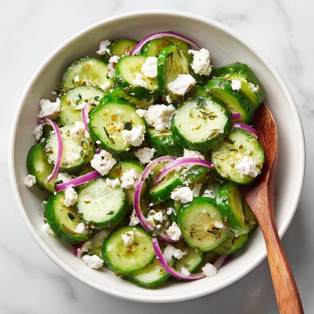 A white bowl filled with a fresh cucumber salad, consisting of thinly sliced bright green cucumber rounds mixed with small chunks of white feta cheese scattered throughout, and thin slices of light purple red onion adding a pop of color. The salad sits on a white marbled surface, with a wooden fork resting inside the bowl on one side, enhancing the natural textures. The salad shows a mix of smooth cucumber skin and crumbly cheese textures, with some small bits of herbs visible, giving a fresh, crunchy, and vibrant look. Photo taken with an iphone --ar 4:5 --v 7