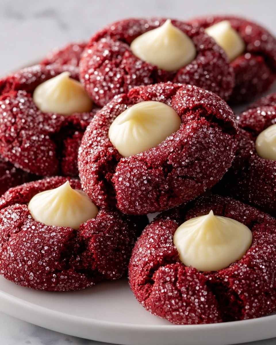 The image shows a close-up of several deep red cookies arranged closely on a white plate with a white marbled texture underneath. Each cookie has a rough, sugary surface covered in sparkling sugar crystals and is cracked on top, forming a small, round well filled with creamy, smooth white frosting that has a slight peak in the center. The cookies are soft and thick, with the rich red color contrasting with the pale frosting, making each cookie look inviting and fresh. photo taken with an iphone --ar 4:5 --v 7