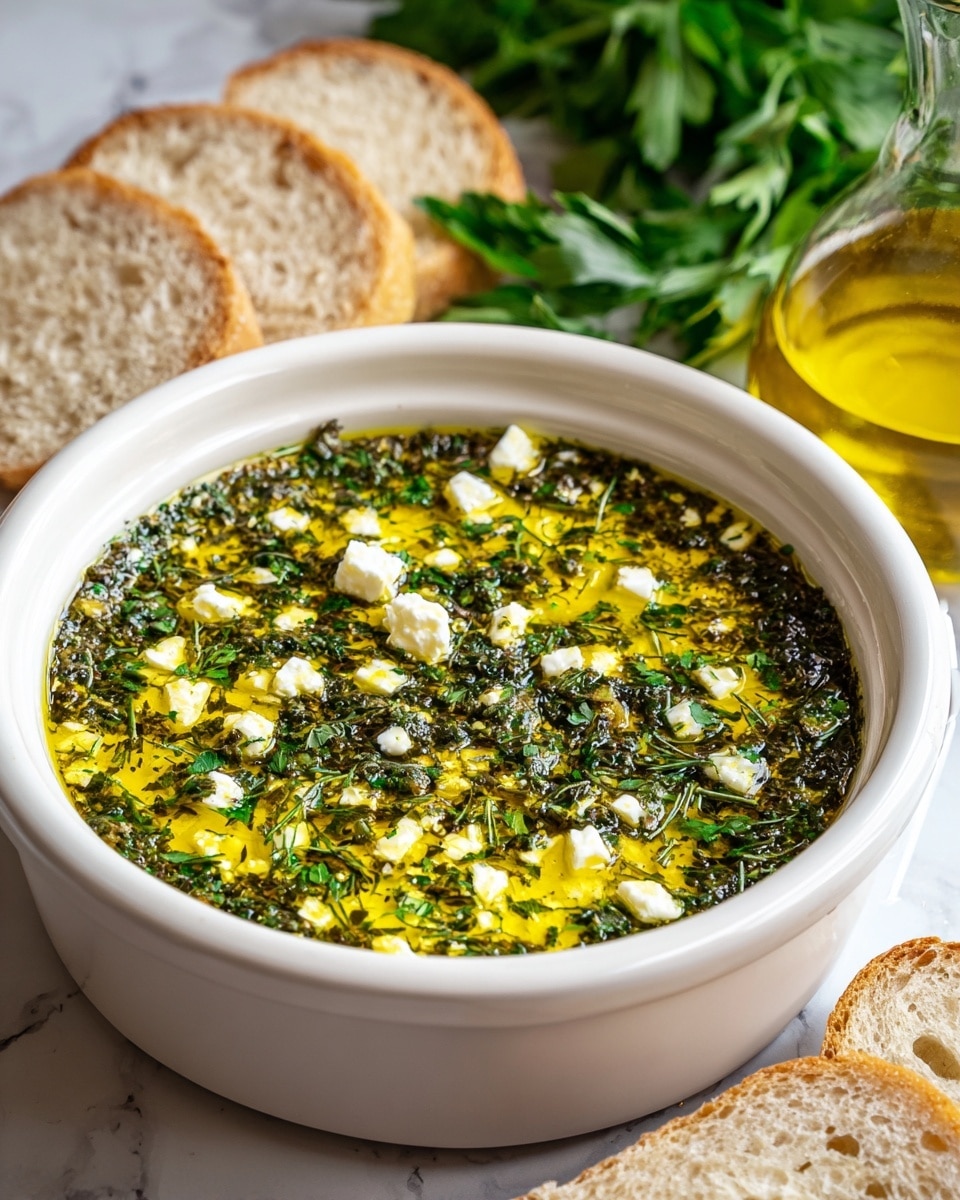 The image shows a white bowl filled with a dish that has a golden yellow oily layer on top, sprinkled with small white cheese cubes and finely chopped dark green herbs spread evenly across the surface. The texture looks oily and slightly chunky with visible herbs mixed throughout. Next to the bowl, there are slices of bread with a light brown crust and soft interior, placed on a white marbled surface with some green leafy herbs in the background. A glass container of golden-yellow oil also sits nearby, enhancing the fresh and rich look of the dish. Photo taken with an iphone --ar 4:5 --v 7