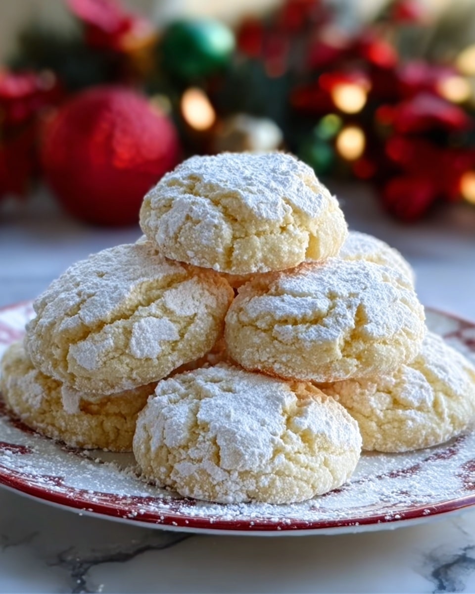 A pile of small round cookies stacked in a pyramid shape on a white plate with red edges. The cookies are pale yellow and have a cracked, powdery white sugar coating covering each one. The background is softly blurred with red and green Christmas decorations, giving a cozy and festive feel. The plate sits on a white marbled surface. Photo taken with an iphone --ar 4:5 --v 7