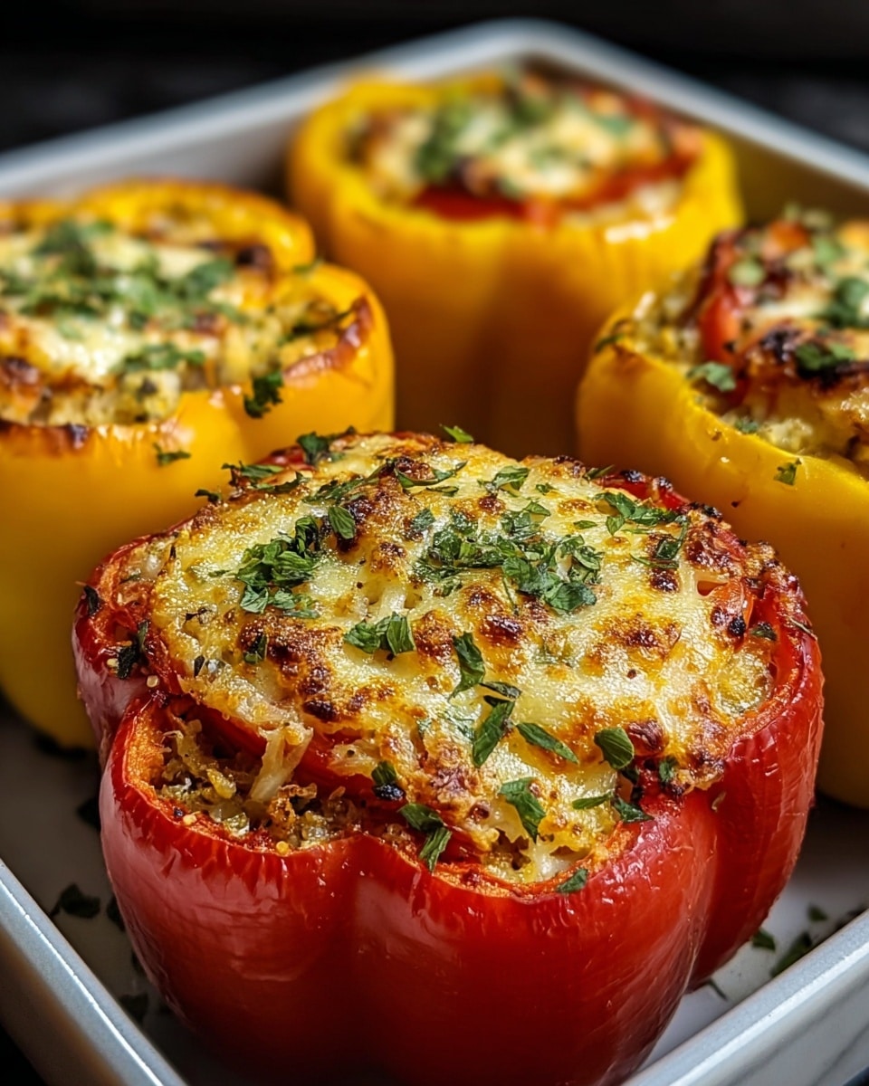 A close-up view of four stuffed bell peppers arranged in a white tray, each with a smooth, glossy outer layer in red and yellow colors. They are filled with multiple layers visible on top: a base layer of chopped vegetables, pieces of red tomato chunks, all covered by a golden-brown melted cheese layer dotted with green herbs, giving a slightly crispy texture with some toasted spots. The peppers’ edges are soft and shiny, with tiny herbs sprinkled over the cheese, adding a fresh look. The tray sits on a white marbled surface, with a softly blurred dark background. photo taken with an iphone --ar 4:5 --v 7