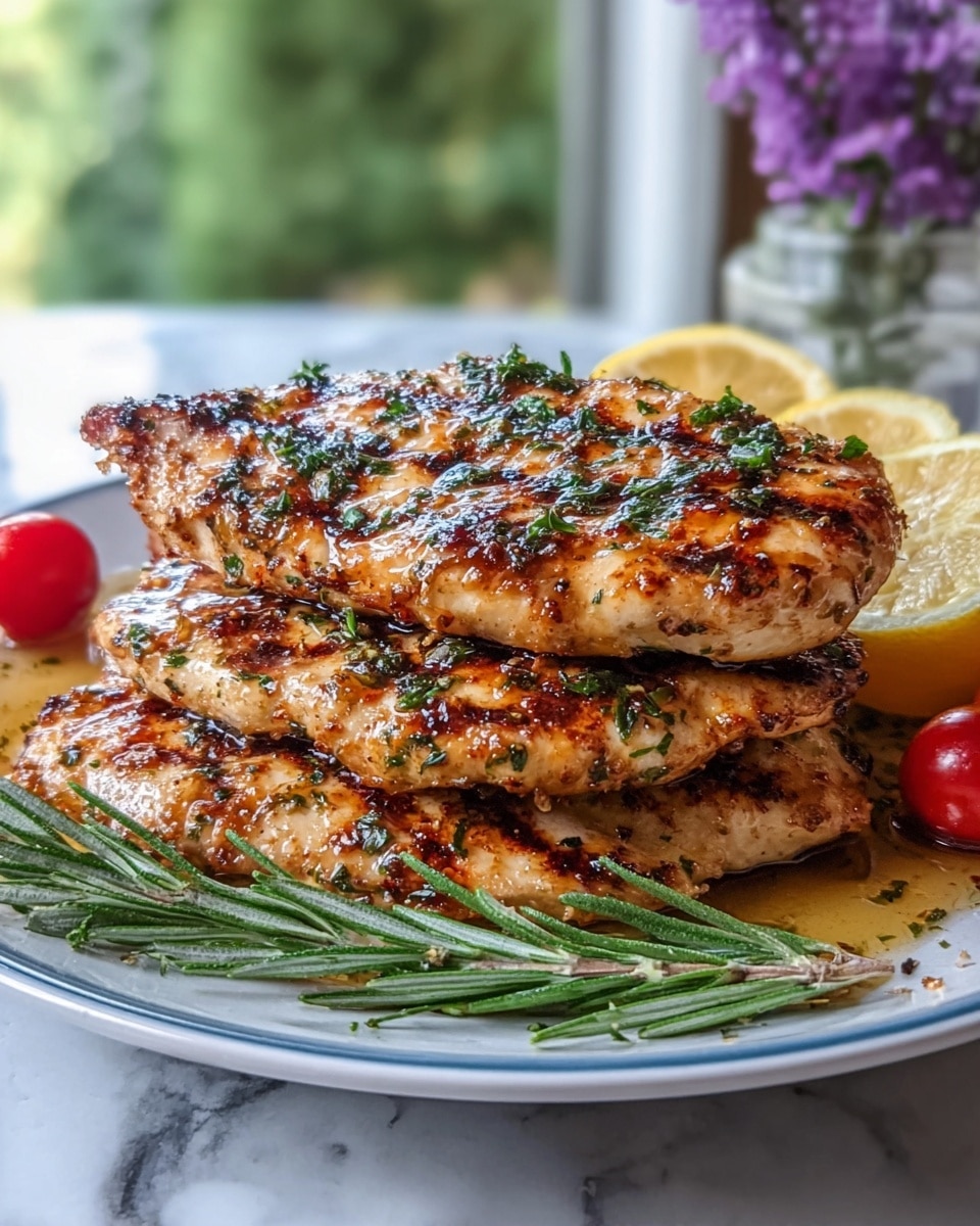 The image shows a stack of three golden-brown grilled chicken patties on a white plate. Each patty has a crispy texture with visible herbs and bits of garlic on top, giving a fresh green and white speckled look. On the left side of the plate, there are three lemon wedges with bright yellow skin and juicy interiors. A fresh rosemary sprig with dark green needle leaves lays next to the lemon. On the right side of the plate, two small whole cherry tomatoes, one red and one yellow, add a pop of color. The plate sits on a white marbled surface, with a blurry background featuring garlic bulbs. Photo taken with an iphone --ar 4:5 --v 7