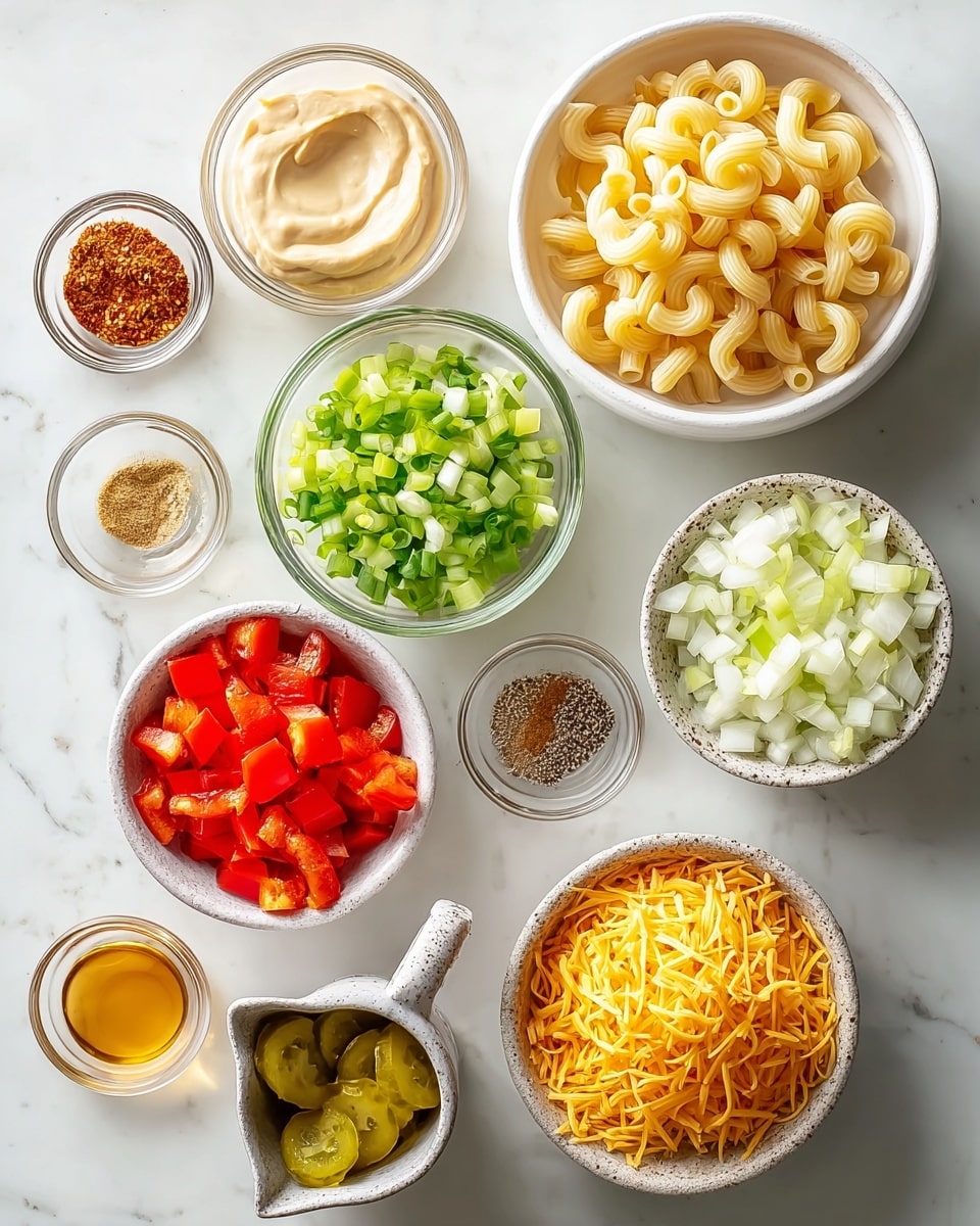 A top view of a clean white marbled surface holding nine small bowls and a small pile of chopped white onions. In a white bowl at top right is a layer of cooked elbow macaroni pasta, cream and light beige in color with smooth curves. Below it, a glass bowl holds chopped green onions showing green and white colors, with fresh green texture. To its left, a small pile of finely chopped white onion pieces lies directly on the white marbled surface. Next to this pile, a small glass bowl contains a reddish-brown spice mix, and just below it, another glass bowl contains ground black pepper and reddish spices. In the white bowl at bottom center, finely shredded cheddar cheese creates a yellow-orange mound with a stringy texture. Above it, a small rustic bowl with grey speckled finish is filled with bright red diced bell peppers, chunky and juicy. At top left, a small white bowl holds creamy pale beige mayonnaise with swirls. Next to this, a ceramic grey cup with a handle contains thin, translucent slices of pickle with a greenish-yellow tint. At bottom left, a small glass bowl contains golden honey or syrup with a shiny, smooth surface. photo taken with an iphone --ar 4:5 --v 7