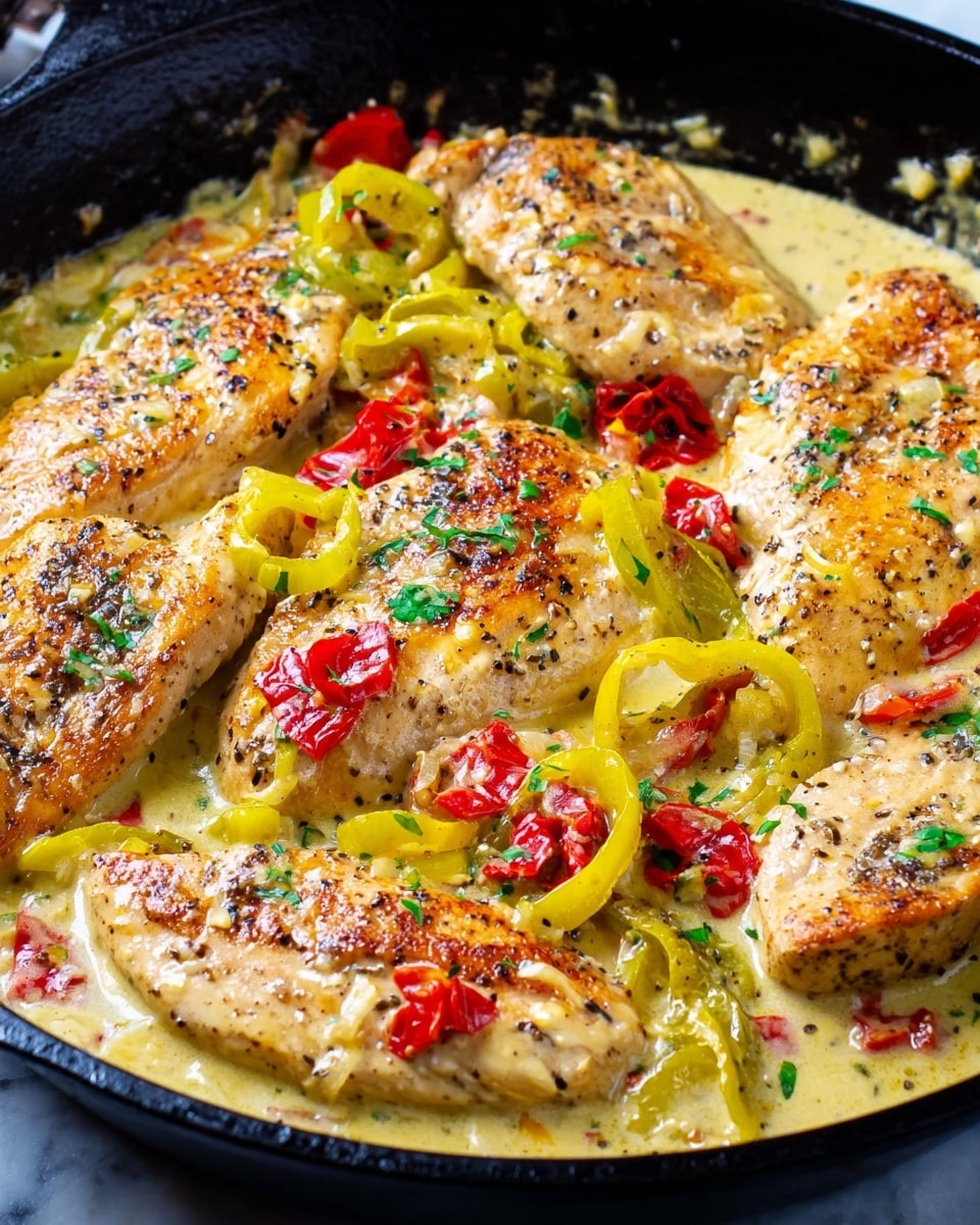 The image shows a close-up of several golden brown chicken breasts cooking in a creamy light yellow sauce inside a black cast iron pan. The chicken pieces are spread evenly across the pan, some showing a slight char on the edges. Bright yellow sliced peppers and small red pepper pieces are scattered on and around the chicken, adding a pop of color. Small green herb bits are sprinkled lightly on top, enhancing the freshness and detail of the dish. The sauce looks smooth with visible specks of seasoning. The pan is placed on a white marbled surface. photo taken with an iphone --ar 4:5 --v 7