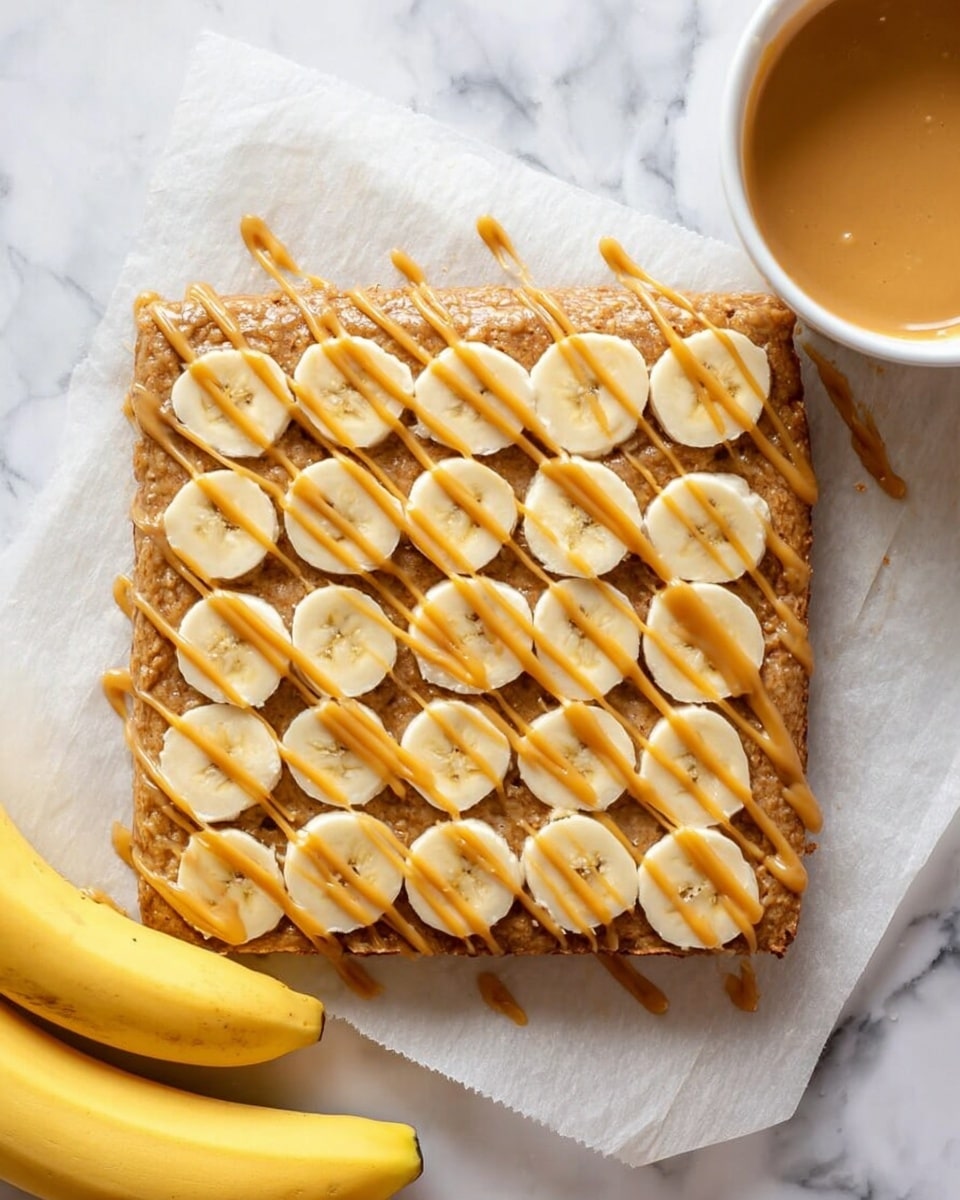 The image shows a tray of 16 square bars arranged in a 4x4 grid on parchment paper. Each bar has a textured, golden-brown base layer that looks moist and slightly crumbly, topped with a light caramel-colored drizzle creating a diagonal pattern on each piece. On top of each bar, there is one or two slices of pale yellow banana, placed either in the center or towards the edges. The tray rests on a white marbled surface. photo taken with an iphone --ar 4:5 --v 7