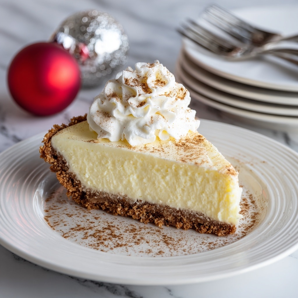 The image shows a close-up of a creamy cheesecake slice placed on a clear glass plate over a white marbled surface. The cheesecake has three layers: a thick, smooth, pale yellow cream cheese layer on top, a thin crumbly golden-brown crust at the bottom, and two swirls of white whipped cream on top, each dusted lightly with cinnamon powder. Two cinnamon sticks lie on the plate next to the cheesecake, and a blurred glass jar with light yellow content is in the background. Photo taken with an iphone --ar 4:5 --v 7