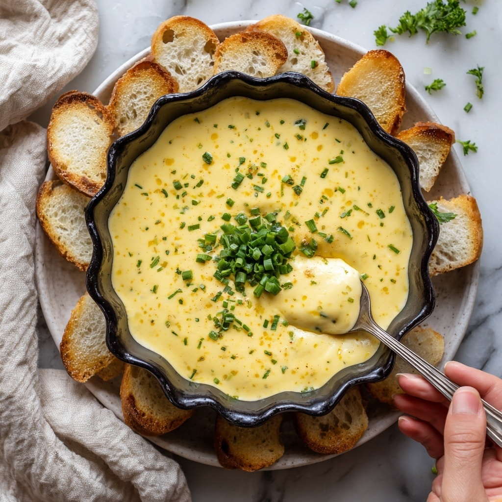 The image shows a dark, scalloped bowl filled with creamy, yellow cheese dip. The dip is smooth with bits of herbs mixed in, and it is topped with a small pile of chopped green onions in the center. A woman's hand is holding a spoon inside the bowl, scooping some of the cheese dip. Around the bowl, there are some white toasted bread slices on a white, marbled surface, with bits of green parsley scattered on the side. A light beige cloth is also partially visible near the bowl. The overall setting has a cozy and inviting feel. photo taken with an iphone --ar 4:5 --v 7