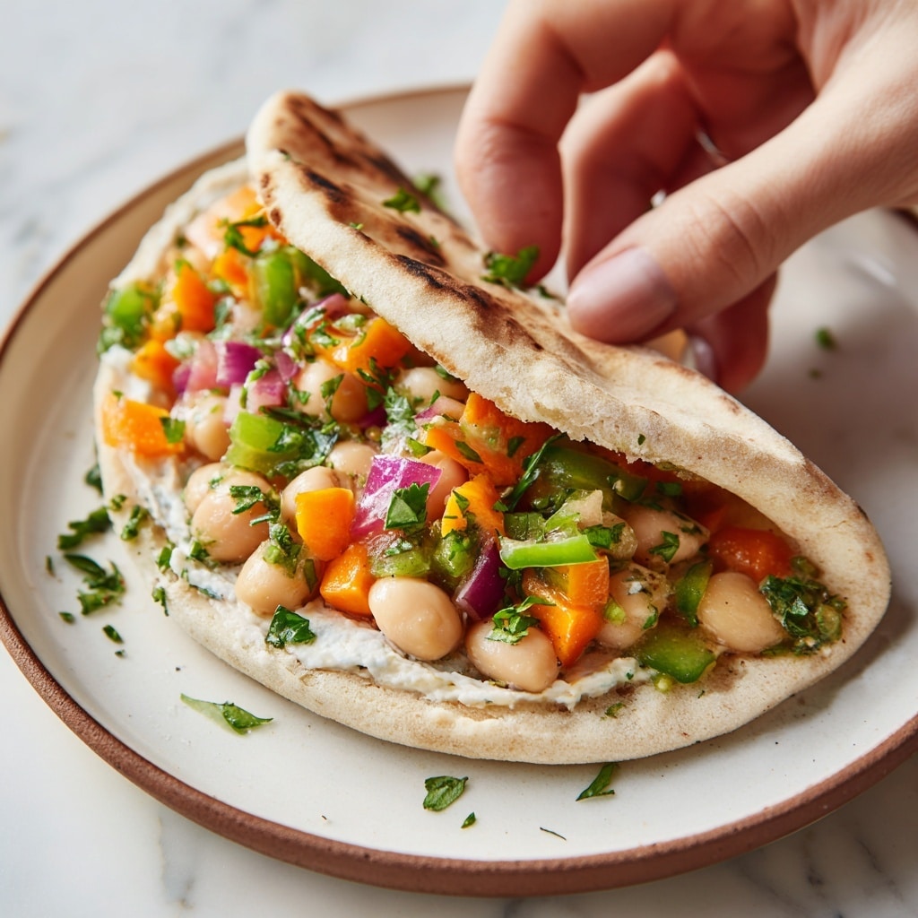 A bowl filled with a colorful mixed bean salad featuring three main layers of ingredients: white beans, chickpeas, and diced vegetables. The vegetables include chopped orange bell peppers, green zucchini pieces, and purple-red onion slices, all coated lightly with a speckled herb dressing in green and white shades, giving a fresh look. The bowl is placed on a white marbled surface, and there is a silver spoon resting inside the bowl on the right side. photo taken with an iphone --ar 4:5 --v 7