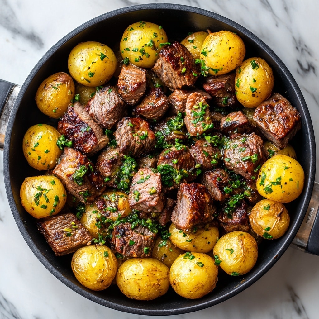 The image shows a close-up of a black pan filled with cooked food. There are around twenty small yellow potatoes with a slightly rough texture, placed mainly around the edges of the pan. In the center, there are many pieces of brown, grilled meat cut into small chunks, cooked well with a slightly crispy outer layer. Green herbs are sprinkled over the meat and potatoes, adding a fresh look. The food looks juicy and well-seasoned. The background is a white marbled surface. Photo taken with an iphone --ar 4:5 --v 7