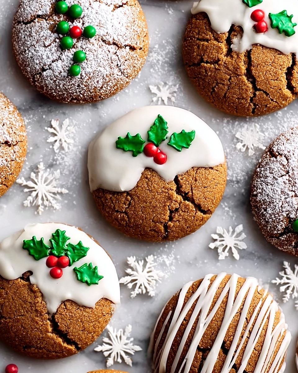 The image shows a silver baking tray lined with white parchment paper holding a dozen round cookies. Each cookie is golden brown and slightly cracked on top, with the bottom half dipped in smooth white icing that has thin white icing lines drizzled vertically over it. On the upper right side of the iced part, there is a small decoration of green leaves and three little red berries made of icing, giving a festive look. The background shows blurred green lights, suggesting a holiday atmosphere. Photo taken with an iphone --ar 4:5 --v 7