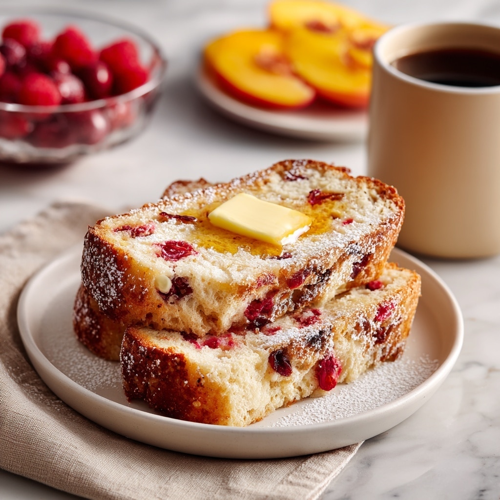 Two slices of golden brown bread with visible dark red dried cranberries inside are stacked on a white plate. The top slice has a melting square of pale yellow butter in the center with a drizzle of honey around it. The bread is dusted lightly with powdered sugar. The plate is on a white marbled surface with a pale beige cloth napkin next to it. In the background, there is a blurred clear bowl of red berries and yellow peach slices, a beige mug filled with a dark coffee, and some other breakfast items. photo taken with an iphone --ar 4:5 --v 7
