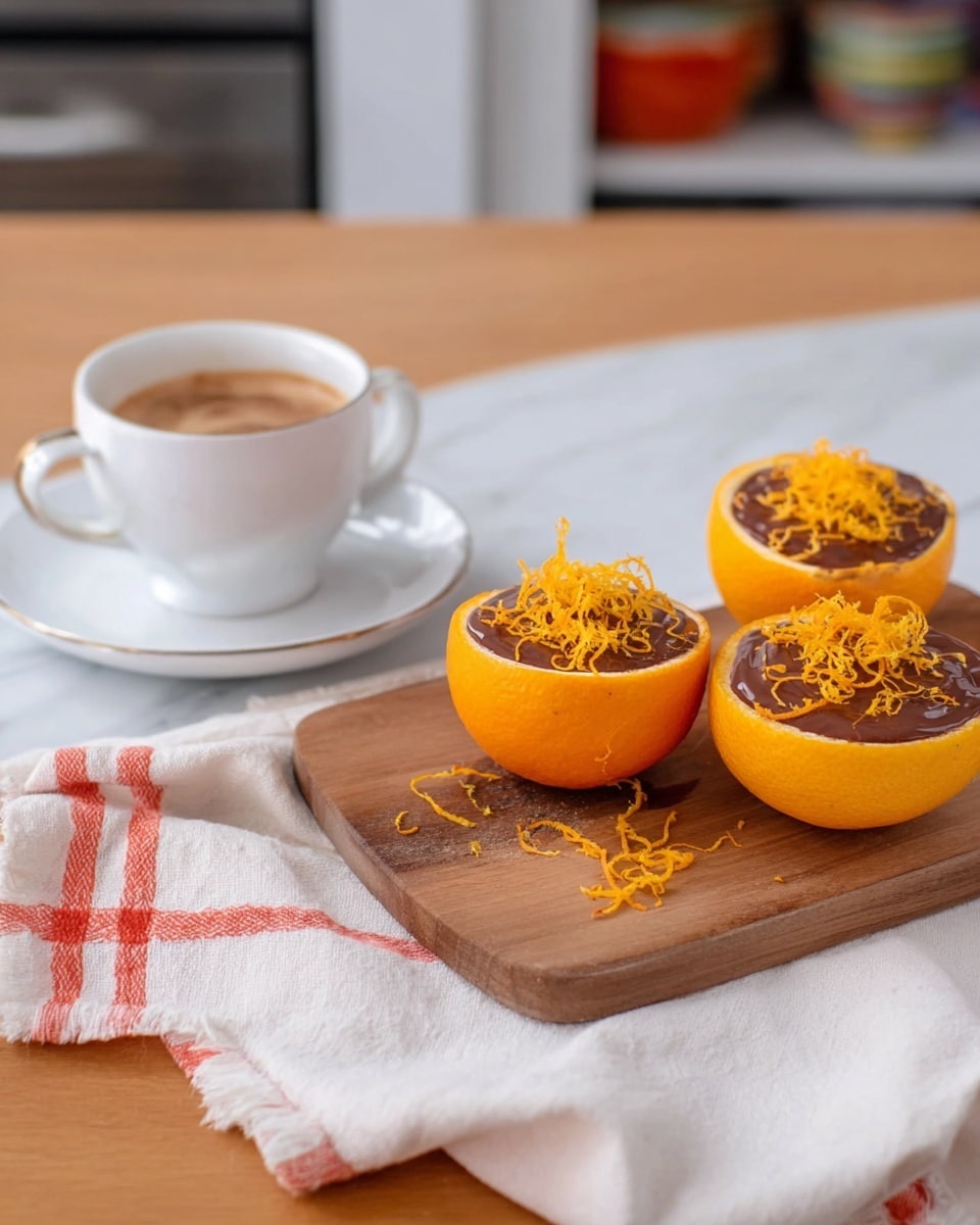 The image shows seven orange halves filled with smooth, dark chocolate mousse placed on a large oval blue and white patterned plate. Each orange half is topped with thin strips of orange peel, adding a bright orange texture on top of the dark brown mousse. Two more chocolate-filled orange halves sit on a white plate on the right side. Behind the plate, there are small bowls: one with chocolate chips and one with additional orange peel strips. To the left, a small wooden bowl holds whole oranges, with two oranges sliced in half and placed in front of it. In the foreground, two gold spoons rest on a folded dark blue cloth on a white wood-textured surface. The background is a white marbled texture. photo taken with an iphone --ar 4:5 --v 7