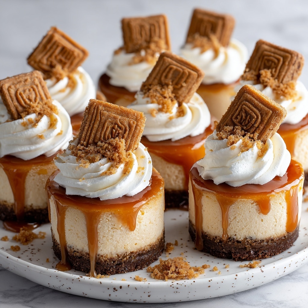 Two small round mini cheesecakes sit on a white plate with a speckled pattern. Each cheesecake has three layers: a dark brown crumbly crust at the bottom, a thick light beige creamy cheese layer in the middle, and a shiny caramel sauce dripping slightly down the sides on top. A swirl of white whipped cream tops each cheesecake. One cheesecake is garnished with a crumbly brown cookie piece, and the other features a single whole square brown cookie standing upright in the whipped cream. Crumbs of the cookie are scattered around the cheesecakes and plate, all placed on a white marbled textured surface. Photo taken with an iphone --ar 4:5 --v 7