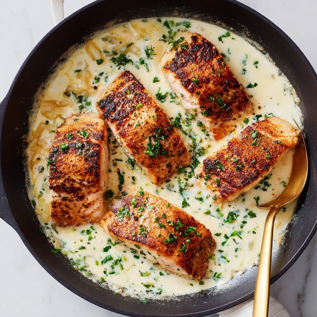The dish is served on a white plate placed on a white marbled texture surface. On the left side is a piece of grilled salmon, golden brown with visible grill marks, partially covered by a creamy white sauce with green herb bits scattered on top. Next to the salmon, in the center, is a generous helping of penne pasta coated in the same creamy white sauce with specks of herbs and small chunks of onions. On the right side, there is a neat pile of bright green, steamed green beans, appearing fresh and slightly glossy, with a few specks of black pepper. The overall presentation is clean and appetizing. photo taken with an iphone --ar 4:5 --v 7