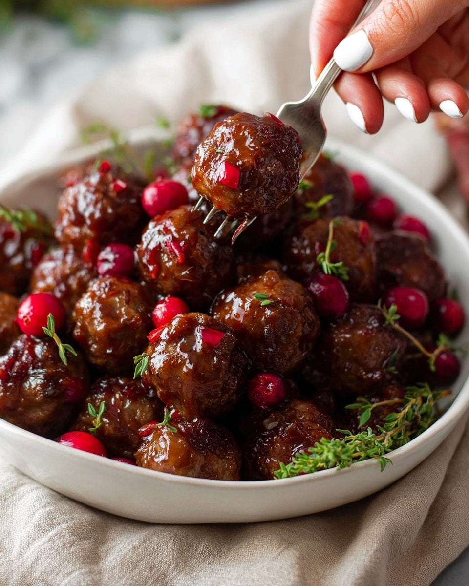 A white round pot filled with about 15 dark brown meatballs covered in a shiny thick reddish-brown sauce, garnished with bright green parsley leaves and a few small red berries, resting on a dark gray cloth on a wooden table. The background is softly blurred with Christmas decorations of green branches, red and gold baubles, and warm yellow lights creating a festive mood. photo taken with an iphone --ar 4:5 --v 7