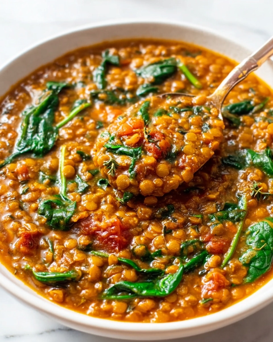 The image shows a white bowl filled with a thick lentil stew that has many small, round lentils in a rich, orange-brown sauce. Bright green spinach leaves are mixed into the stew, adding contrast and texture. A spoon partially lifts some of the stew from the bowl, showing the creamy and chunky consistency with bits of tomato and herbs visible. The bowl sits on a white marbled surface, highlighting the vibrant colors of the dish. photo taken with an iphone --ar 4:5 --v 7