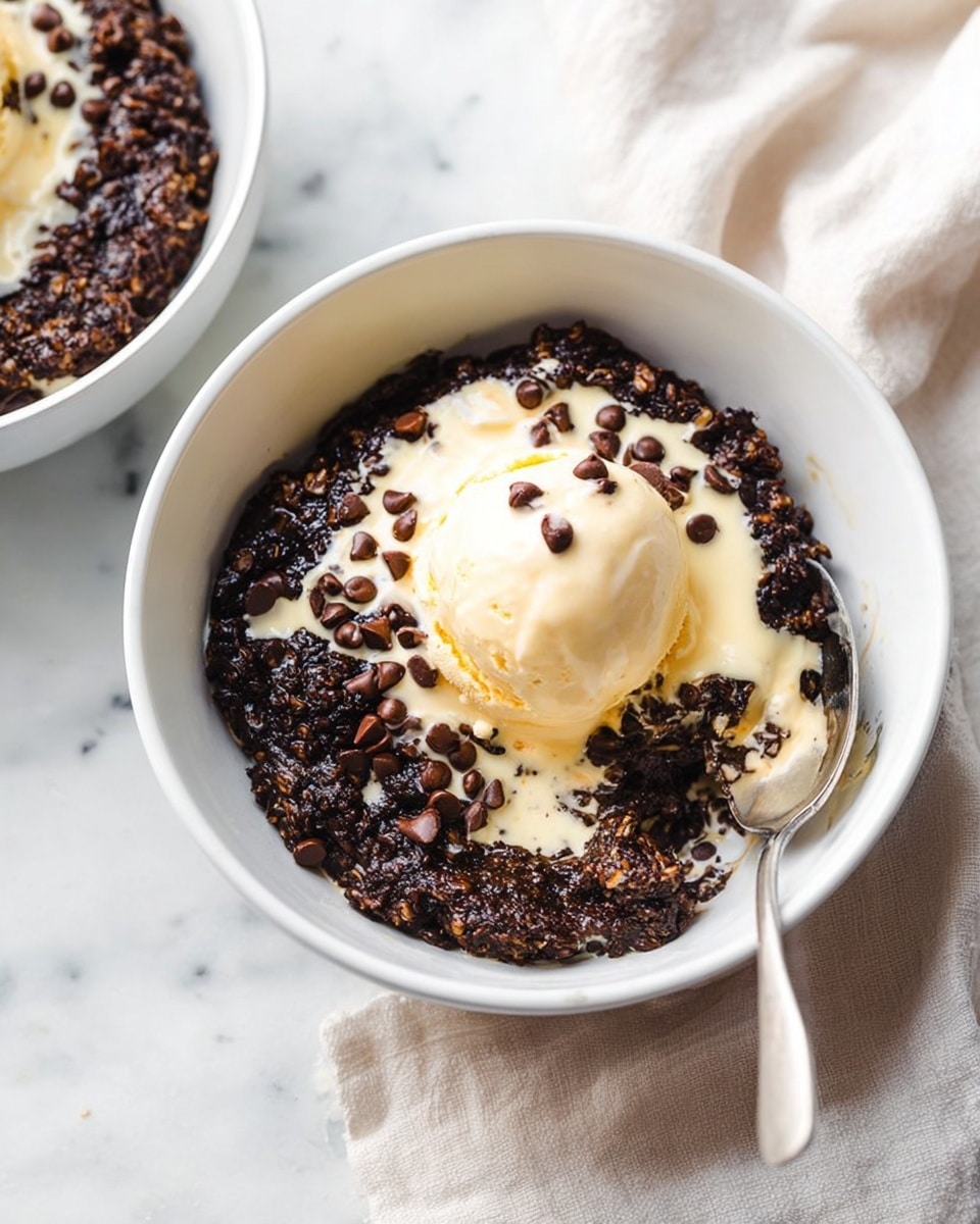 A white bowl filled with a warm dark chocolate oatmeal base that looks thick and slightly crumbly, scattered with shiny dark chocolate chips throughout. On top is a melting scoop of pale yellow vanilla ice cream, creating a creamy, smooth layer that blends softly into the warm oatmeal, making a mix of white and light brown textures. A silver spoon is partially dipped into the dish on the right side. The bowl sits on a white marbled surface beside a soft, light beige cloth. photo taken with an iphone --ar 4:5 --v 7