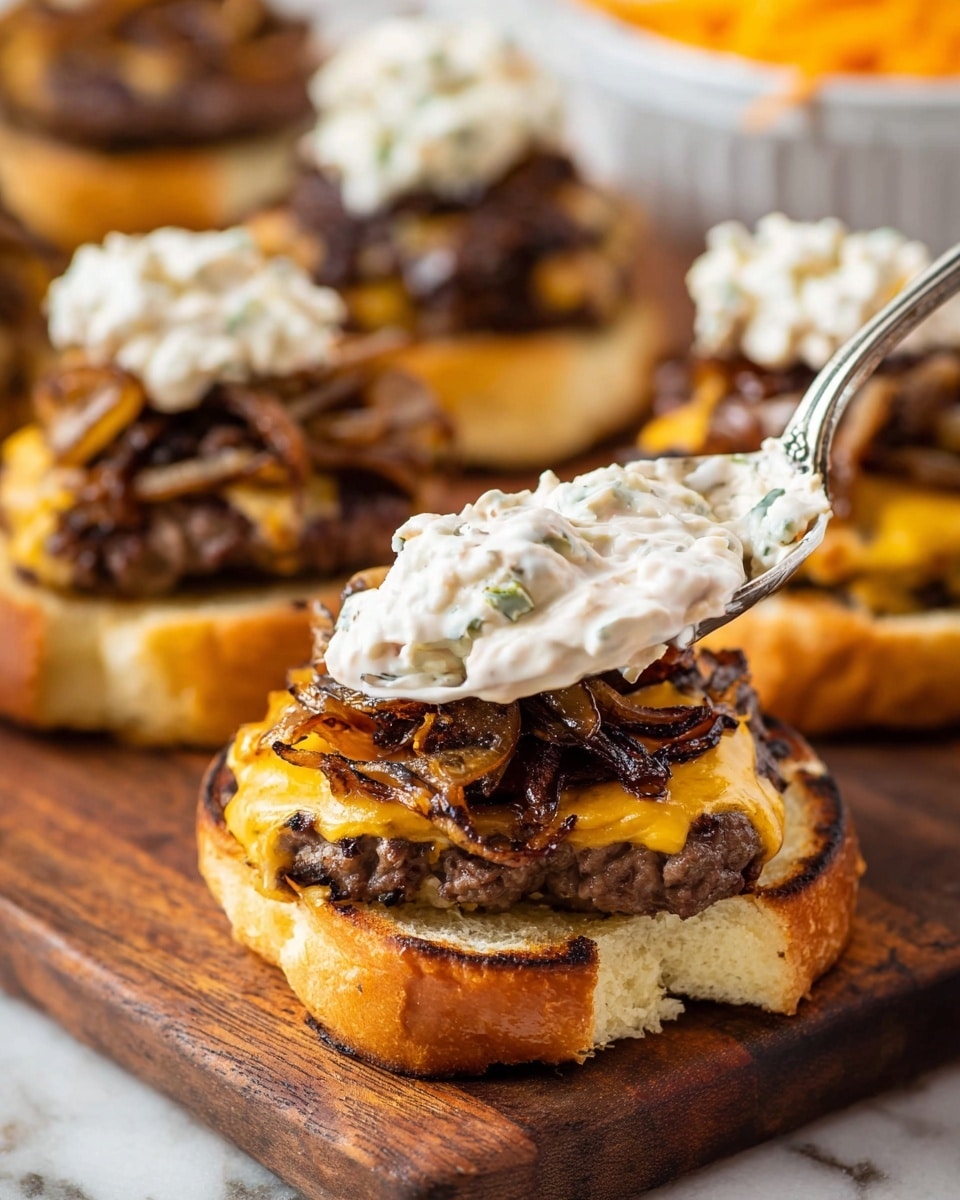 The image shows open-faced mini burgers on a wooden board sprinkled with a white marbled background. Each burger has three visible layers: the bottom is a golden-brown toasted bun, the middle is a melted yellow-orange cheddar cheese with grilled brown beef patty on top, and the third layer is dark brown grilled onions. A spoon is placing a thick, creamy white mixture with visible green and orange bits over the grilled onions on the nearest burger. There are more burgers with the same layers blurred in the background, and part of a white plate with shredded orange and white food to the right. Photo taken with an iphone --ar 4:5 --v 7