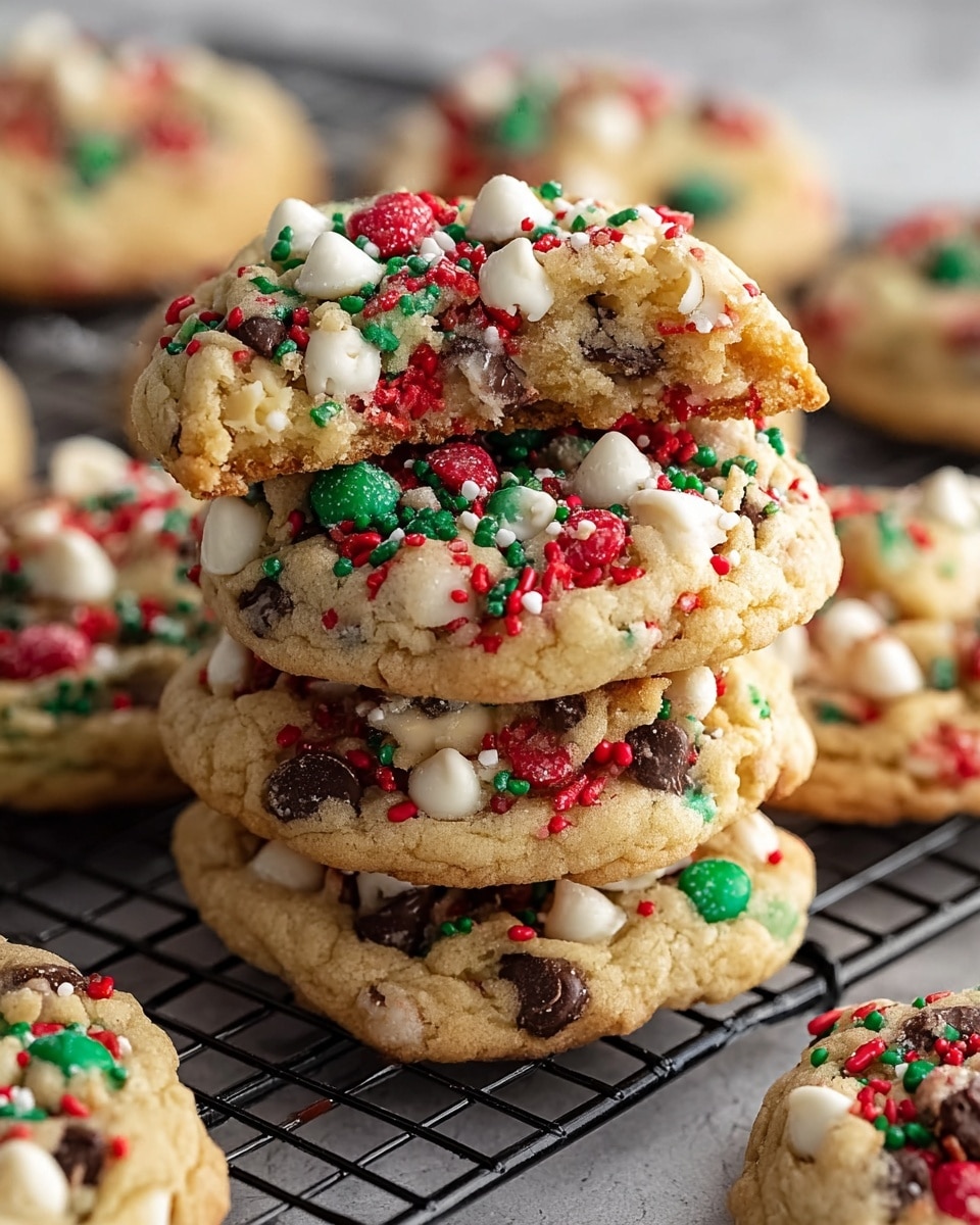 A pile of soft, round cookies is shown, each cookie studded with white chocolate chips, dark chocolate chips, and red, green, and white festive sprinkles scattered across the light golden dough. The cookies have a slightly cracked surface, revealing a soft texture, and a light dusting of powdered sugar on top. They are stacked on a cooling rack placed on a white plate, set against a white marbled background. The image focuses closely on the front cookies, making the colorful details and texture stand out clearly. Photo taken with an iphone --ar 4:5 --v 7