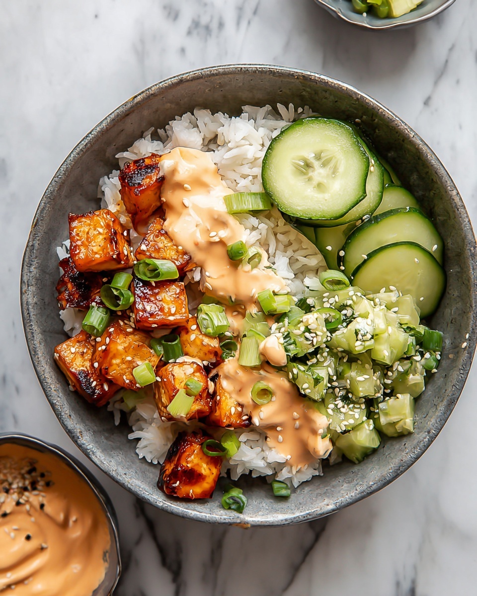A bowl with four layers is shown on a white marbled background: in the bottom right, there is a fluffy layer of white rice topped with a light orange creamy sauce; at the top right, thin round cucumber slices with dark green edges sit next to a chunkier, bright green cucumber salad sprinkled with sesame seeds; on the left, caramelized golden-brown tofu pieces are drizzled with the same light orange sauce and garnished with small green onion pieces and white sesame seeds. Photo taken with an iphone --ar 4:5 --v 7