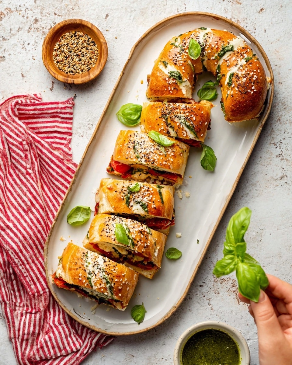A white plate on a white marbled background holds a circle of golden brown crescent roll pastries with sesame and poppy seeds on top. Each pastry is crescent-shaped and flaky, with visible layers of dough. One crescent is being picked up by a woman's hand, showing a slightly open end that reveals melted cheese and a bright red slice of pepperoni inside. The light creates a soft shine on the pastries, highlighting their crisp textures. photo taken with an iphone --ar 4:5 --v 7