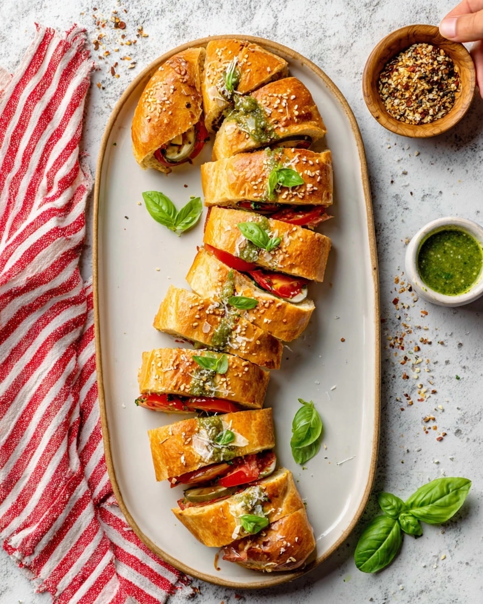 The image shows a long white oval plate on a white marbled surface, with a sliced golden-brown sandwich filled with green basil leaves and red tomatoes, with a soft bread texture and sesame seeds on top. The sandwich is cut into several pieces lined up in two sets, one on the left with three pieces arranged in a slight curve and the other on the right with seven pieces in a straight line. Fresh basil leaves sit near a small round wooden bowl filled with a mix of spices or seeds. To the right of the plate is a small white bowl with green sauce and a woman's hand holding a fresh basil leaf above it, near a red-and-white striped cloth. Photo taken with an iphone --ar 4:5 --v 7
