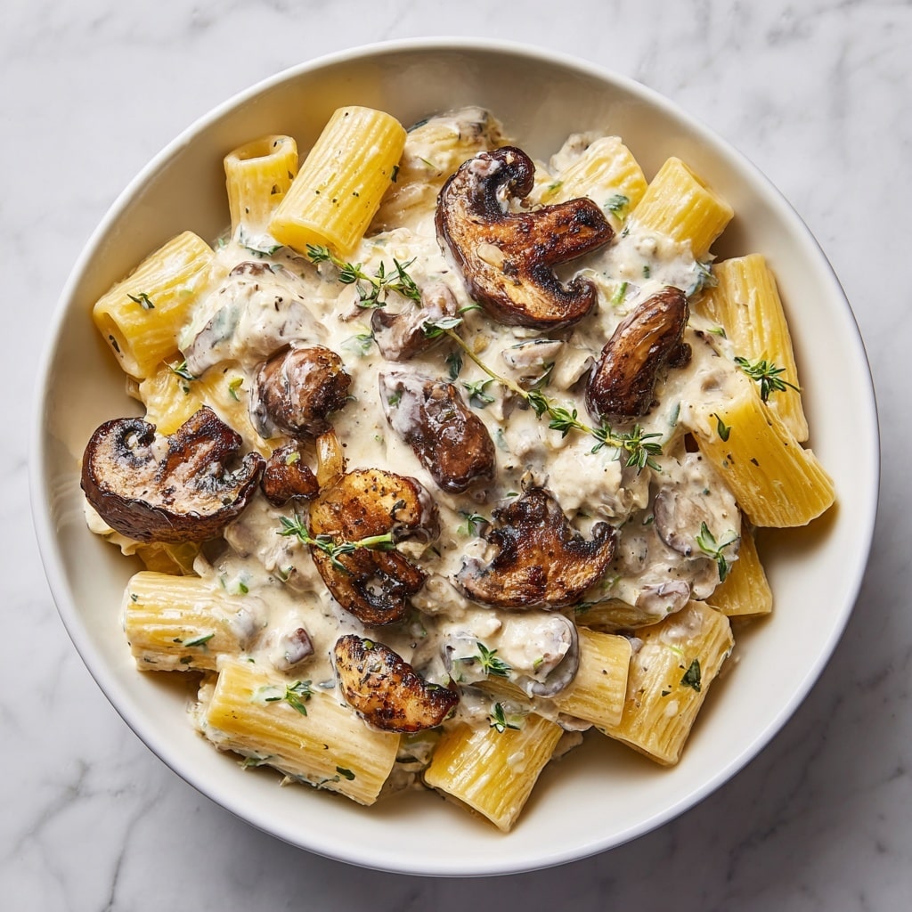 A white plate holds a creamy pasta dish with about two layers of rigatoni pasta, each piece thick and yellowish, coated in a white sauce flecked with green herbs. On top and mixed throughout are several dark brown, grilled mushroom slices with a slightly crisp texture. The dish is garnished with a small sprig of fresh green thyme and sprinkled with grated cheese and hints of black pepper. The background is a white marbled texture, and a fork and knife rest blurred in the background. photo taken with an iphone --ar 4:5 --v 7