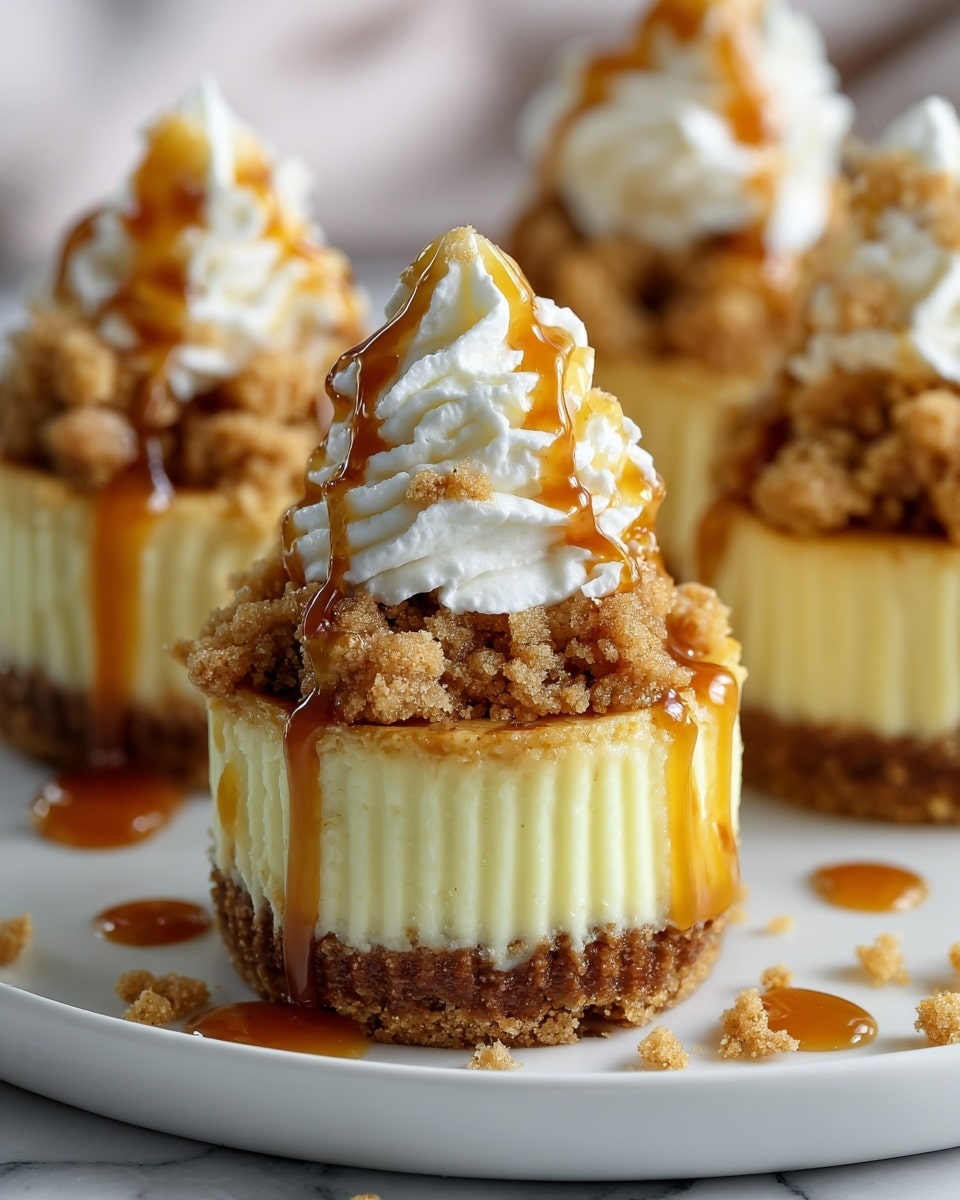 The image shows a close-up of a single mini apple crumble cheesecake with three visible layers. The bottom layer is a thick, crumbly, light brown crust that looks slightly rough in texture. The middle layer is smooth, creamy white cheesecake filling that appears soft and dense. The top layer consists of small chunks of cooked apples mixed with a cinnamon brown syrup, giving a glossy, sticky look. Above the apple chunks, there's a crumbly streusel topping that is golden brown and textured with oats and sugar crystals. In the background, there are blurred green apples and another mini cheesecake on a white marbled surface. Photo taken with an iphone --ar 4:5 --v 7