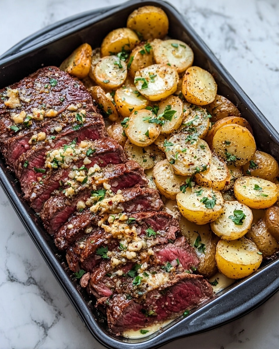 A white dish holds a meal with three main layers. The bottom layer is made of small roasted potatoes with a golden brown, crispy skin. On top of that, there is a layer of creamy mashed potatoes melted slightly and sprinkled with chopped green herbs. The top layer shows thick slices of medium-rare beef with a dark crust on the outside and a pink to red center. The beef slices are arranged in a fan shape, slightly overlapping. The meal is presented on a white marbled surface. photo taken with an iphone --ar 4:5 --v 7