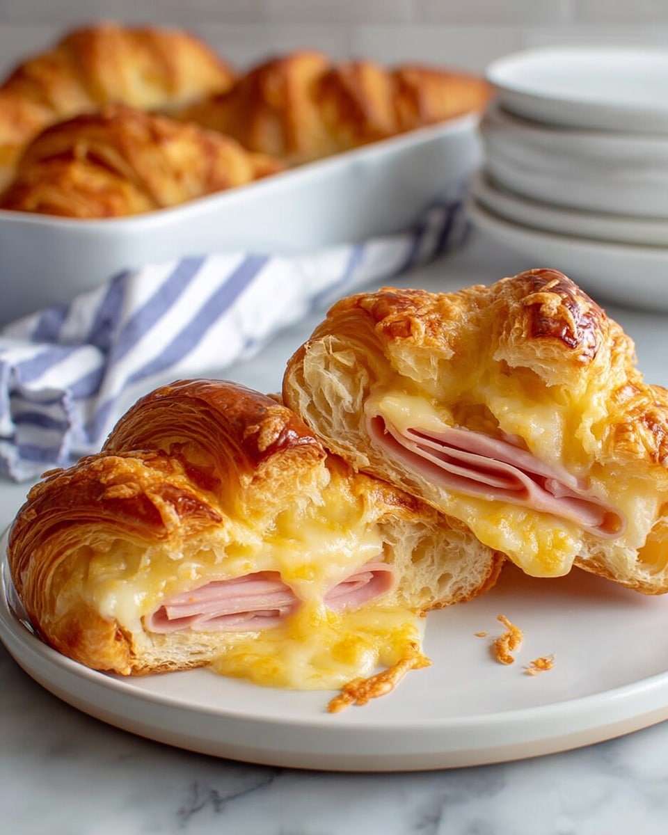 There is a white baking tray with yellow handles holding eight croissant sandwiches, each sandwich with one croissant cut in half horizontally, a layer of folded light pink ham, and a layer of pale yellow Swiss cheese inside. Around the tray on a white marbled surface, there are four plain croissants, a small clear bowl of poppy seeds, and a small clear bowl with a greenish-yellow spread. At the bottom right, a white plate has more slices of folded ham and slices of Swiss cheese stacked in small layers. Nearby, there are pieces of croissant with the spread and cheese placed on top. photo taken with an iphone --ar 4:5 --v 7