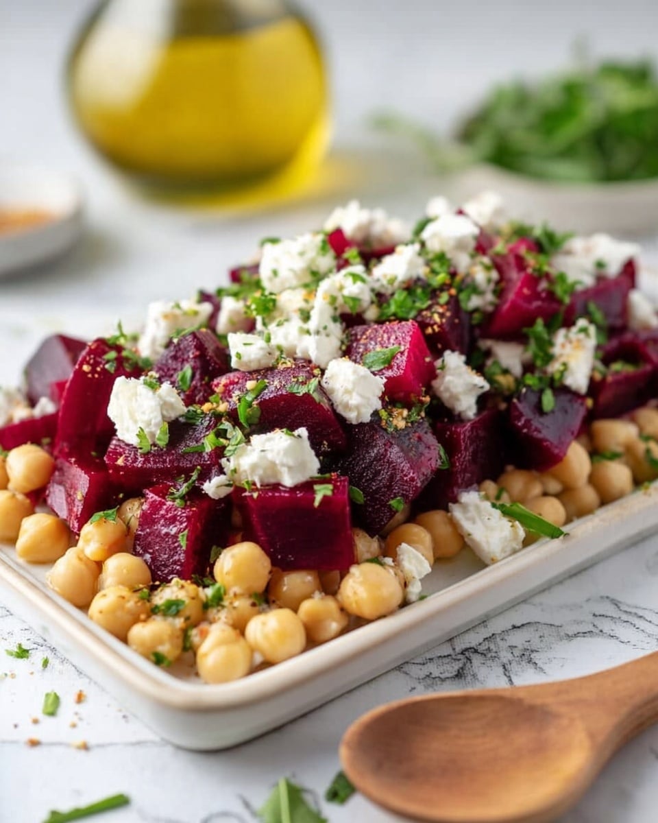 A white rectangular plate on a white marbled surface holds a colorful salad made of three layers: the base layer with round, light beige chickpeas spread evenly, the middle layer with dark red, shiny beetroot cubes placed on and among the chickpeas, and the top layer with small white feta cheese cubes scattered all over. Fresh green chopped herbs are sprinkled on top, adding a fresh texture and color contrast. There is a glass bottle of yellow olive oil in the blurred background and a wooden spoon on the side. photo taken with an iphone --ar 4:5 --v 7