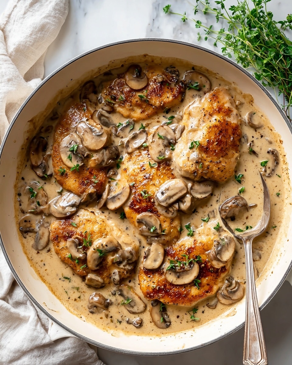 A large piece of golden brown chicken sits in the middle of a white bowl, covered with a creamy mushroom sauce that has visible slices of cooked mushrooms in light and dark brown shades. The thick sauce pools around the chicken, spreading evenly to the edges of the bowl. Bright green chopped herbs are sprinkled on top of the chicken and sauce, adding fresh color contrast. The bowl is placed on a white marbled surface that gives a clean and bright background to the dish. photo taken with an iphone --ar 4:5 --v 7