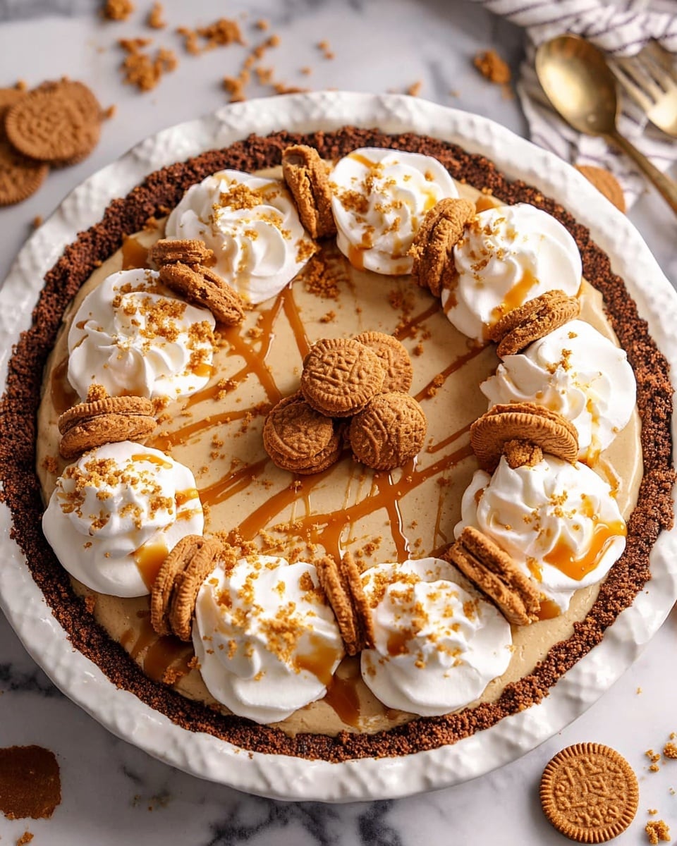 A pie in a white dish with a textured edge shows three main layers: the bottom is a dark brown crumbly crust, the middle is a smooth light brown filling, and the top is decorated with large white dollops of whipped cream arranged around the edge. Each whipped cream dollop is drizzled with caramel-colored syrup and sprinkled with crumbled brown cookie pieces. In the center, five small whole brown cookies stand upright, creating a small cluster. The pie sits on a white marbled surface with extra cookie crumbs scattered nearby. Photo taken with an iphone --ar 4:5 --v 7