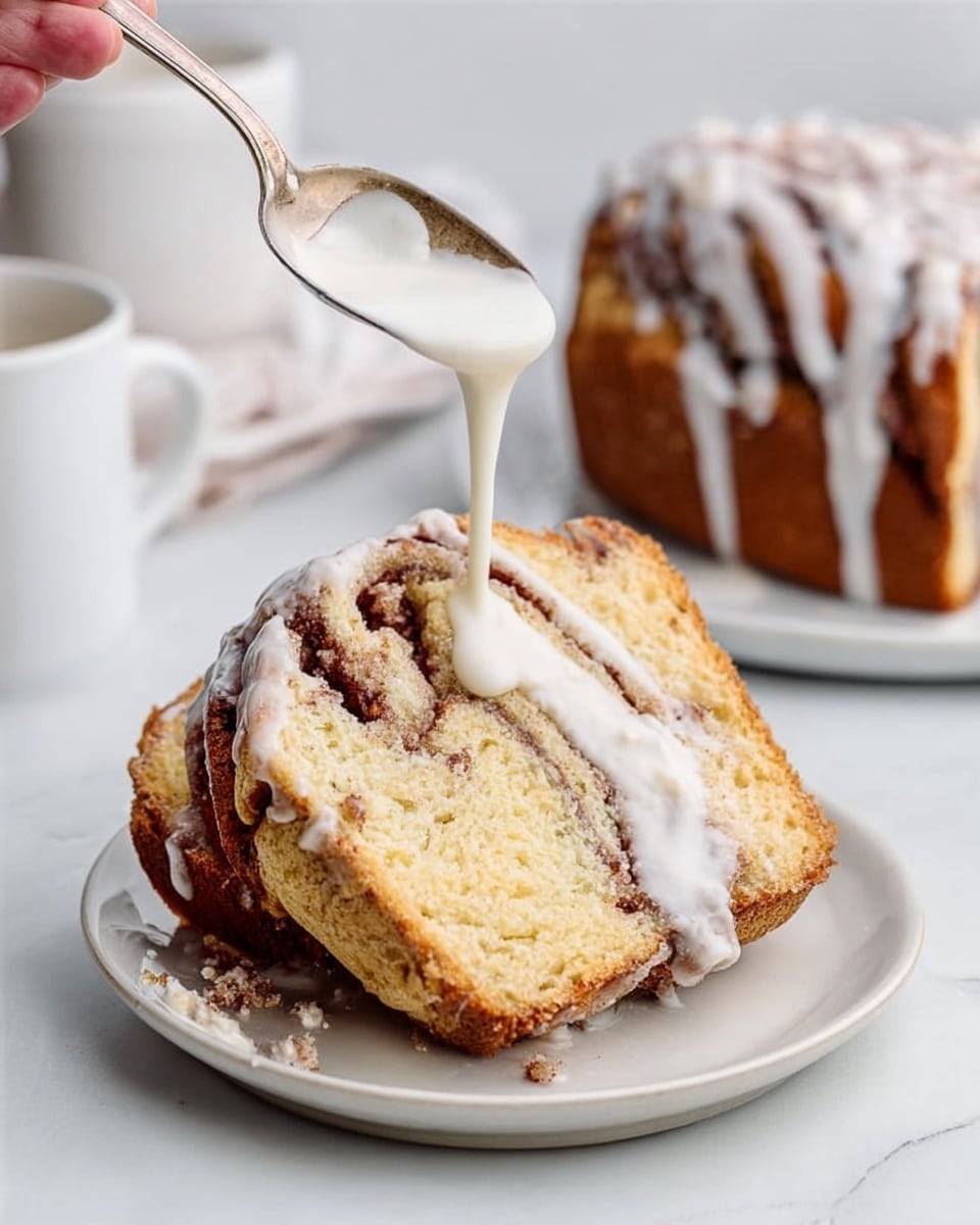 The image shows a round bundt cake with a marbled brown and light brown swirl pattern, placed on a white plate. The cake is covered with thick, white icing that flows down unevenly from the top, dripping down the sides. Next to the cake, a slice is cut and placed upright, revealing the detailed swirl inside with a soft, moist texture. In the background, white containers and a glass of milk sit on a white marbled surface, adding a bright and fresh look. photo taken with an iphone --ar 4:5 --v 7