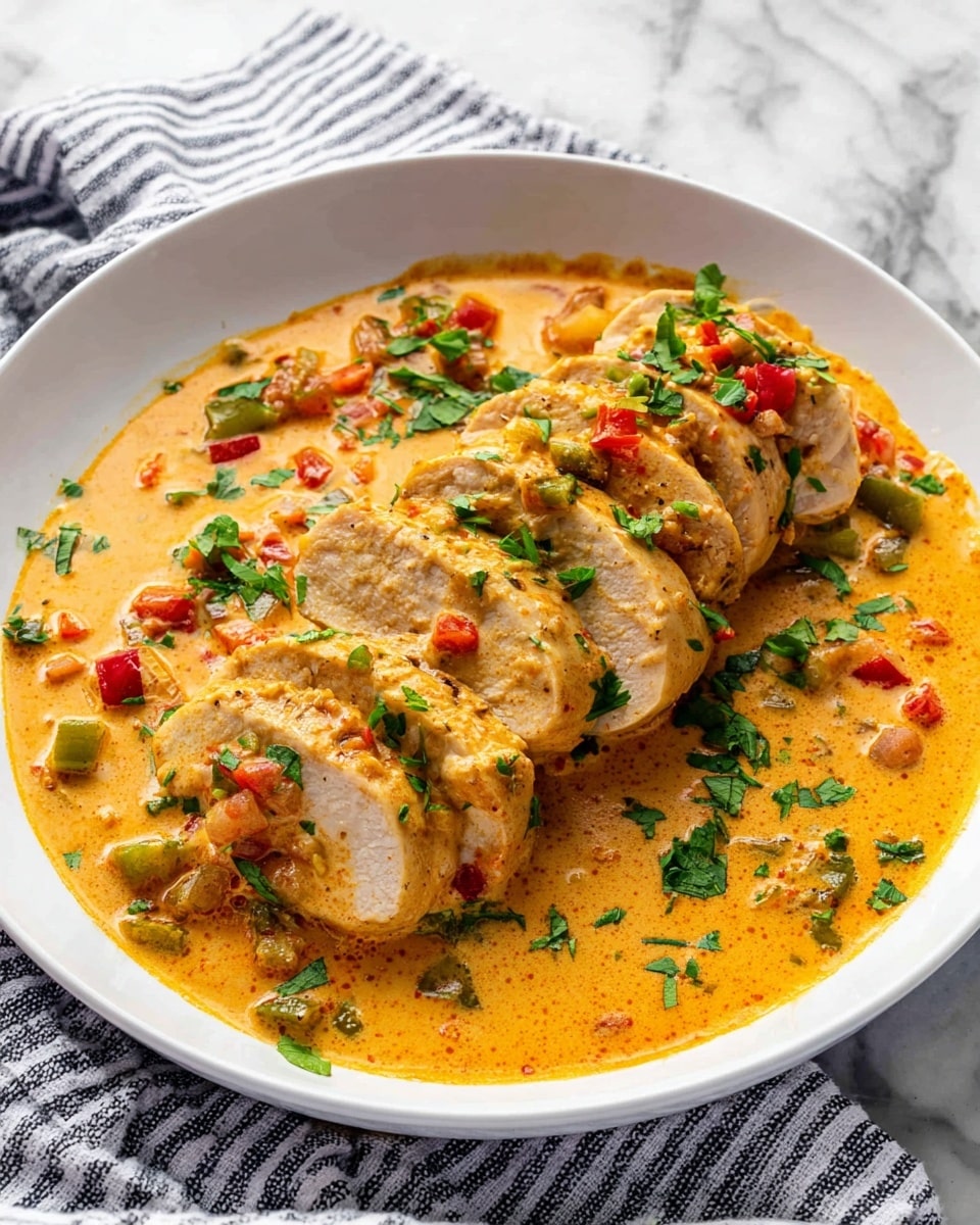 A close-up view of four cooked chicken breasts in a pan filled with a thick, orange creamy sauce that has small red and white bits inside. The chicken breasts are golden brown with slight charring and are sprinkled with chopped green herbs on top. The pan edge is visible and sits on a white marbled surface with a blue and white striped cloth nearby. photo taken with an iphone --ar 4:5 --v 7